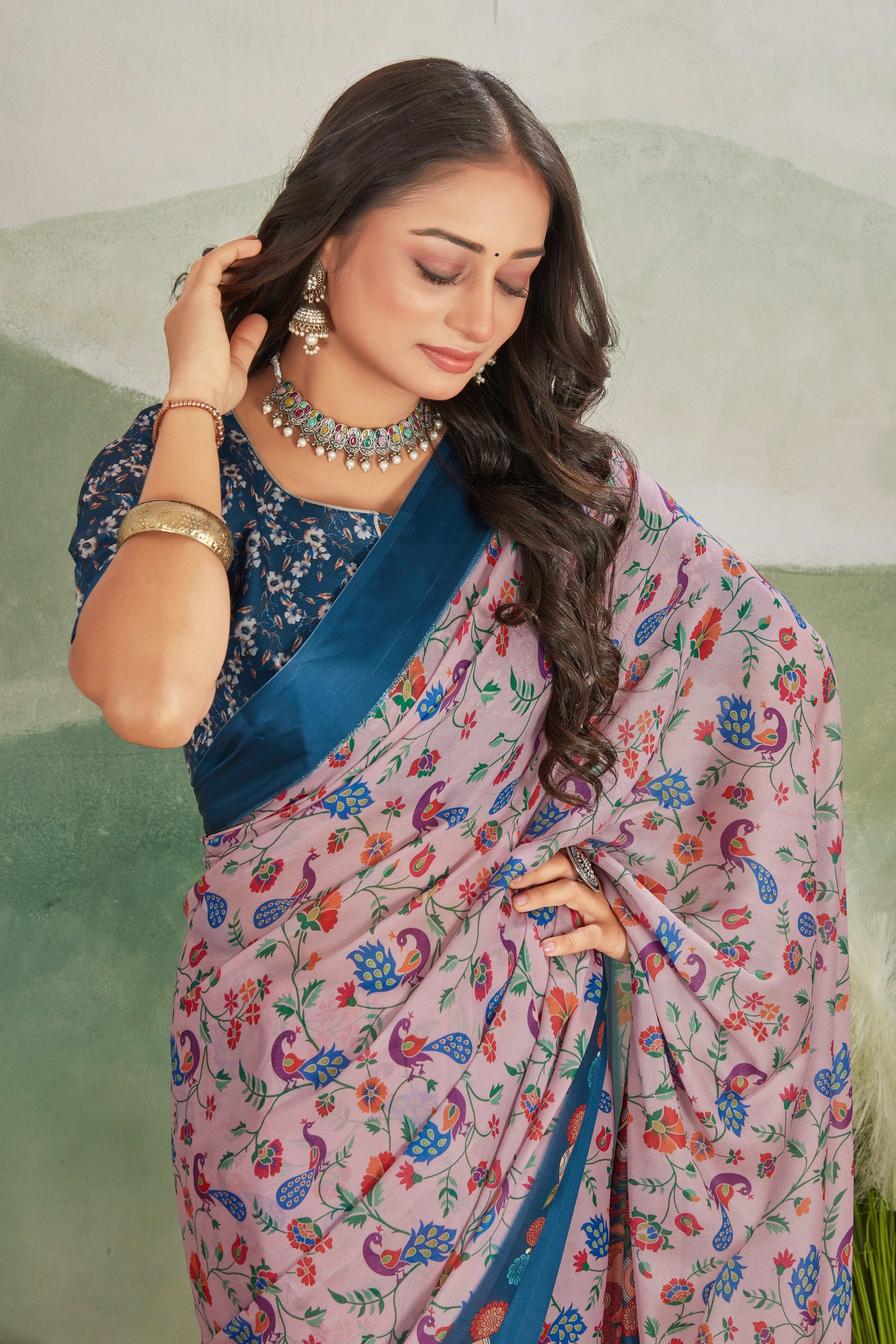 Pink Digital Print Viscose Satin Saree