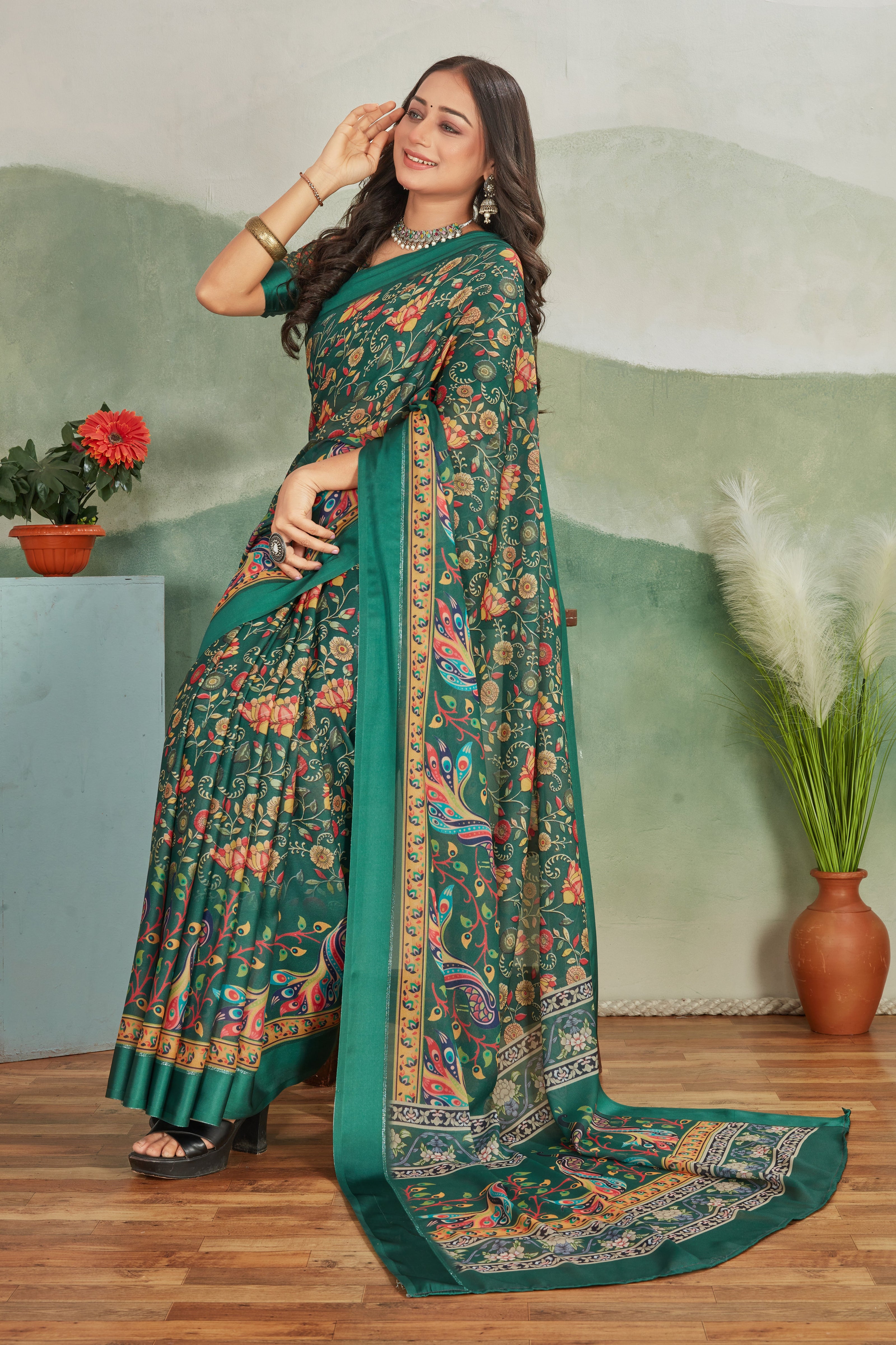 Dark Green Digital Print Saree With Unstitched Blouse