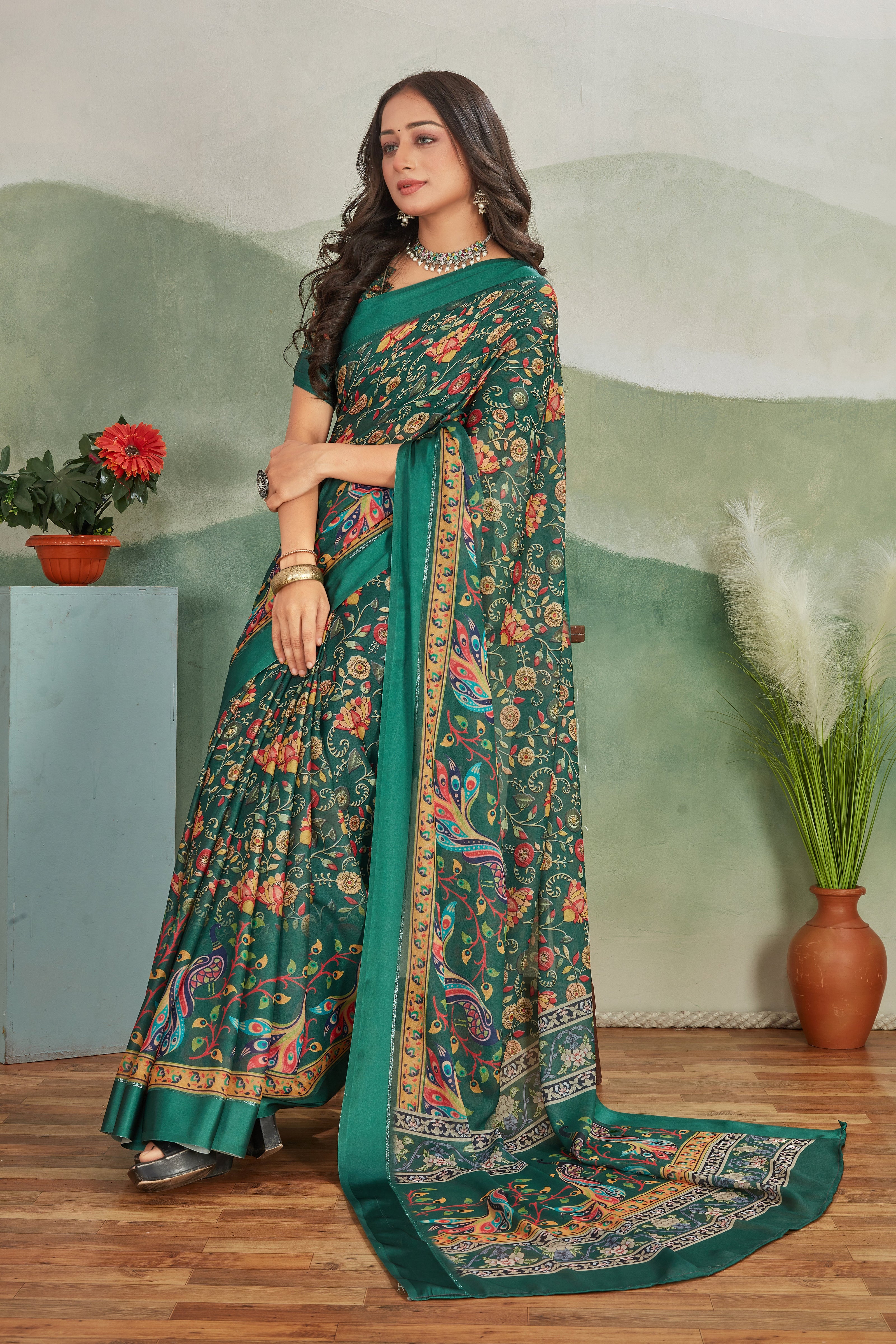 Dark Green Digital Print Saree With Unstitched Blouse