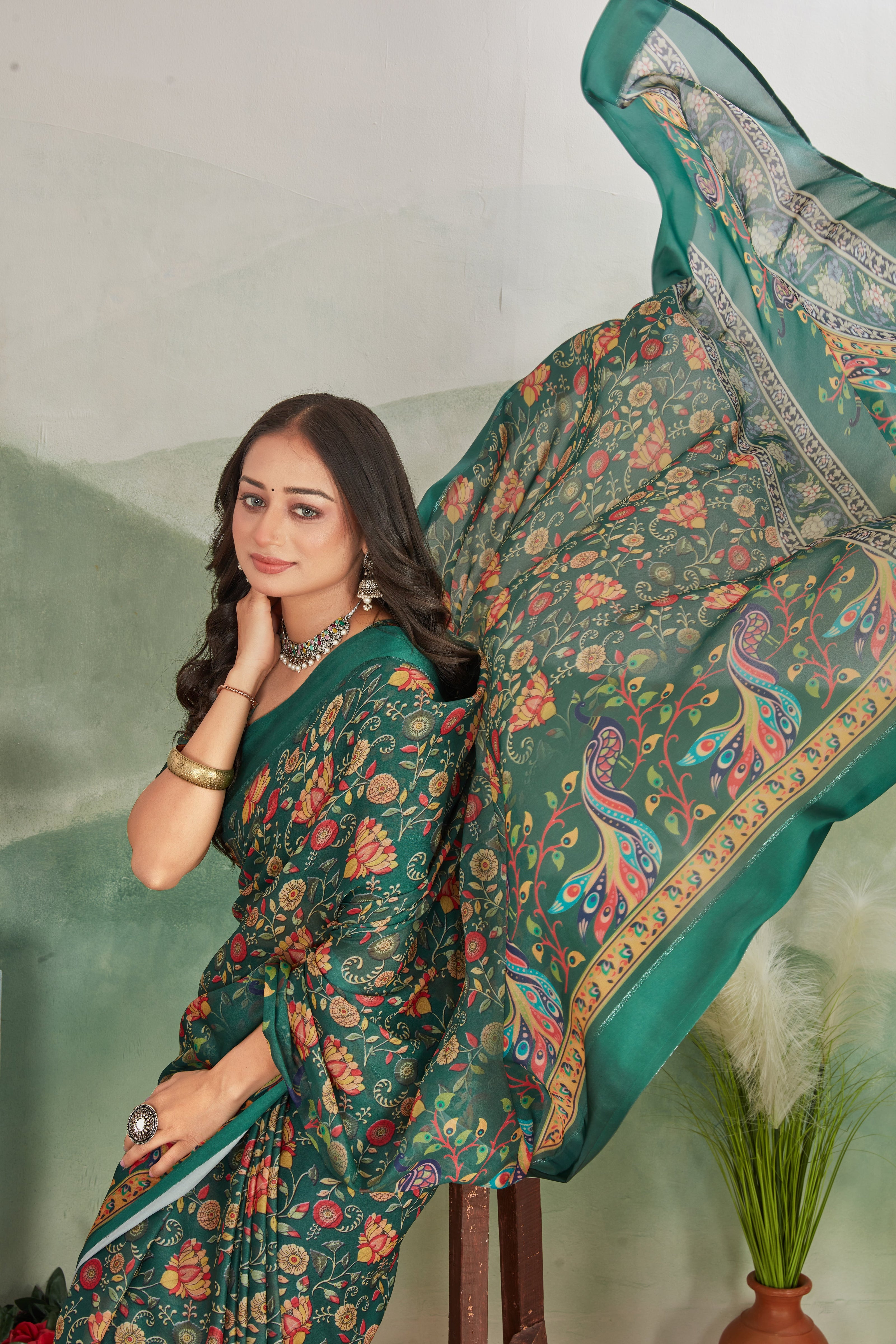 Dark Green Digital Print Saree With Unstitched Blouse