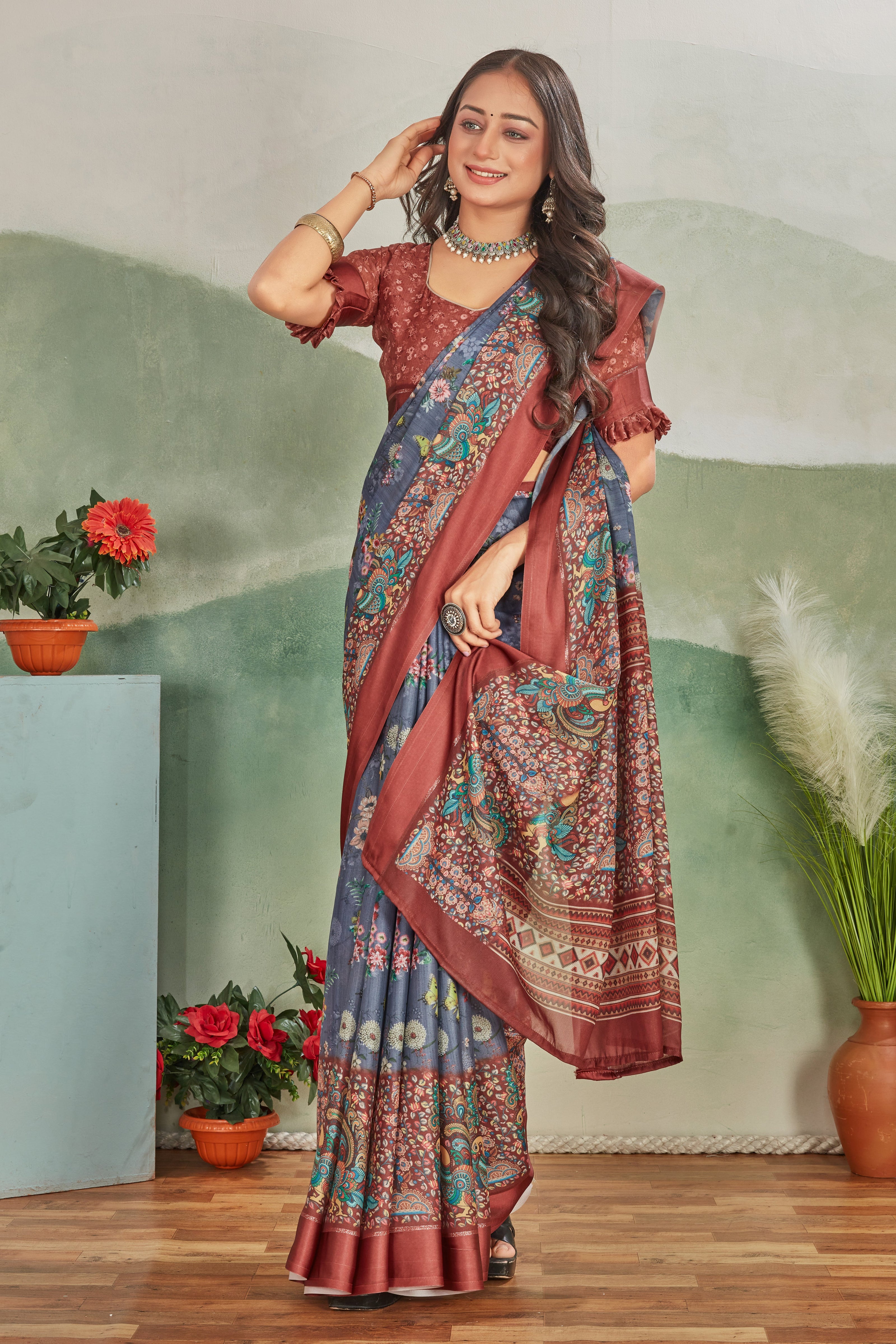 Grey Viscose Satin Fabric Beautiful Digital Print Saree