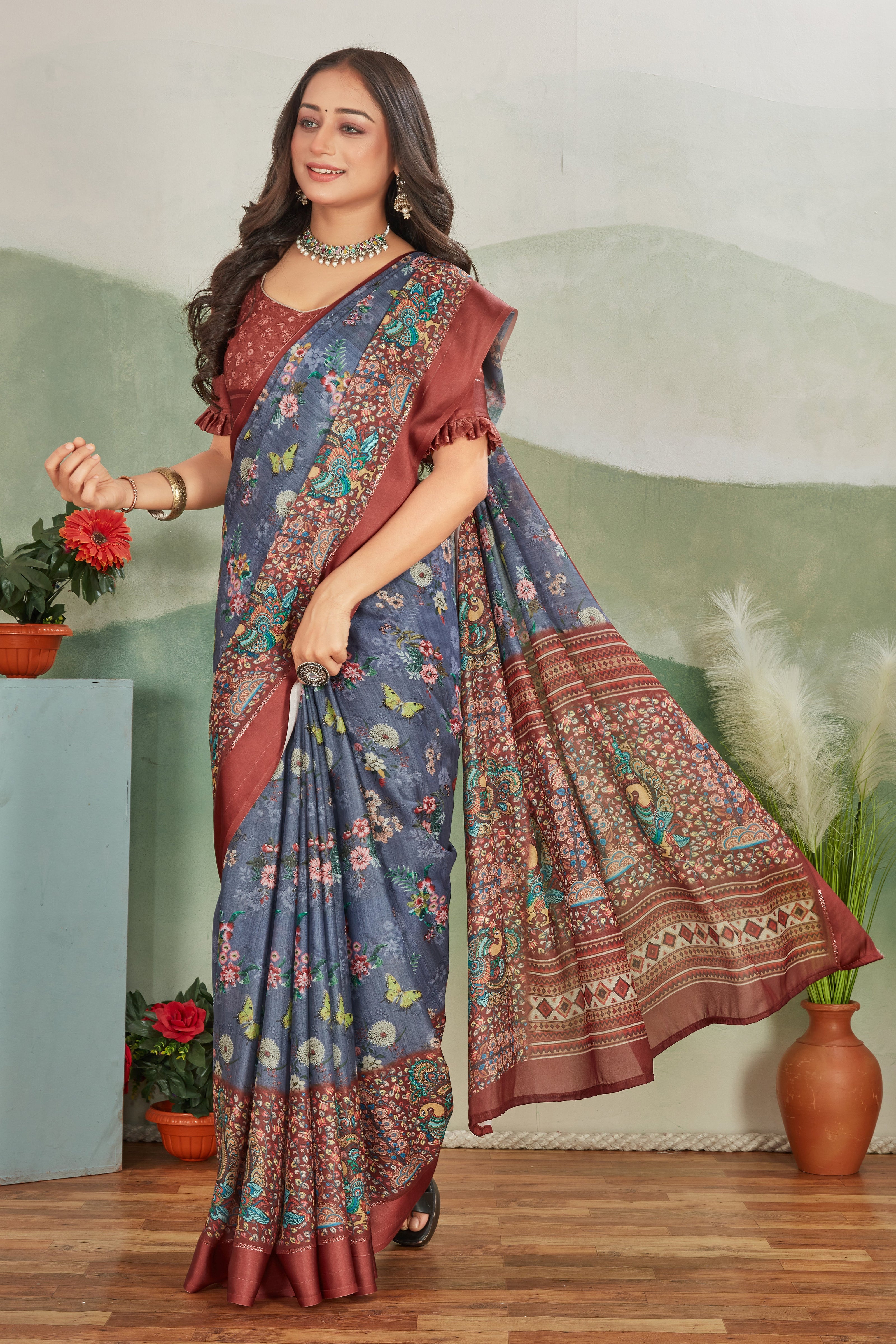 Grey Viscose Satin Fabric Beautiful Digital Print Saree