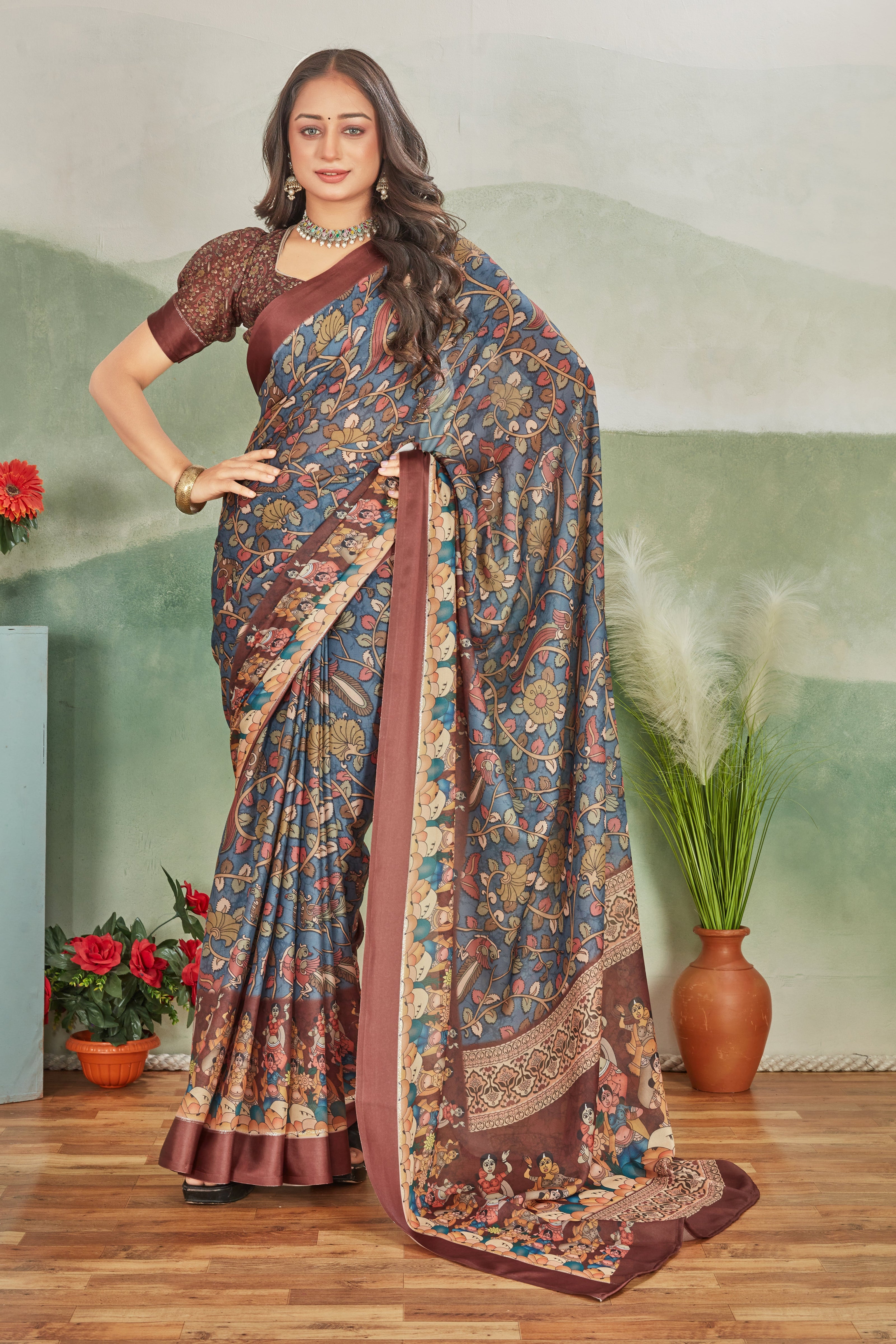 Grey Floral Printed Satin Saree