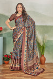 Grey Floral Printed Satin Saree