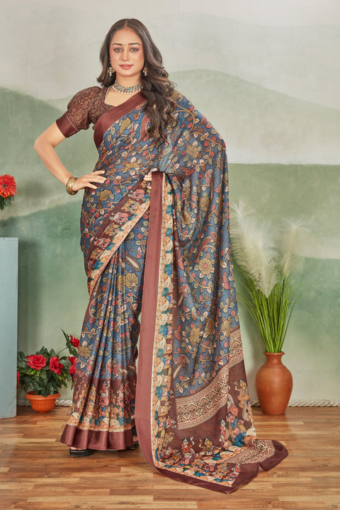 Grey Floral Printed Satin Saree