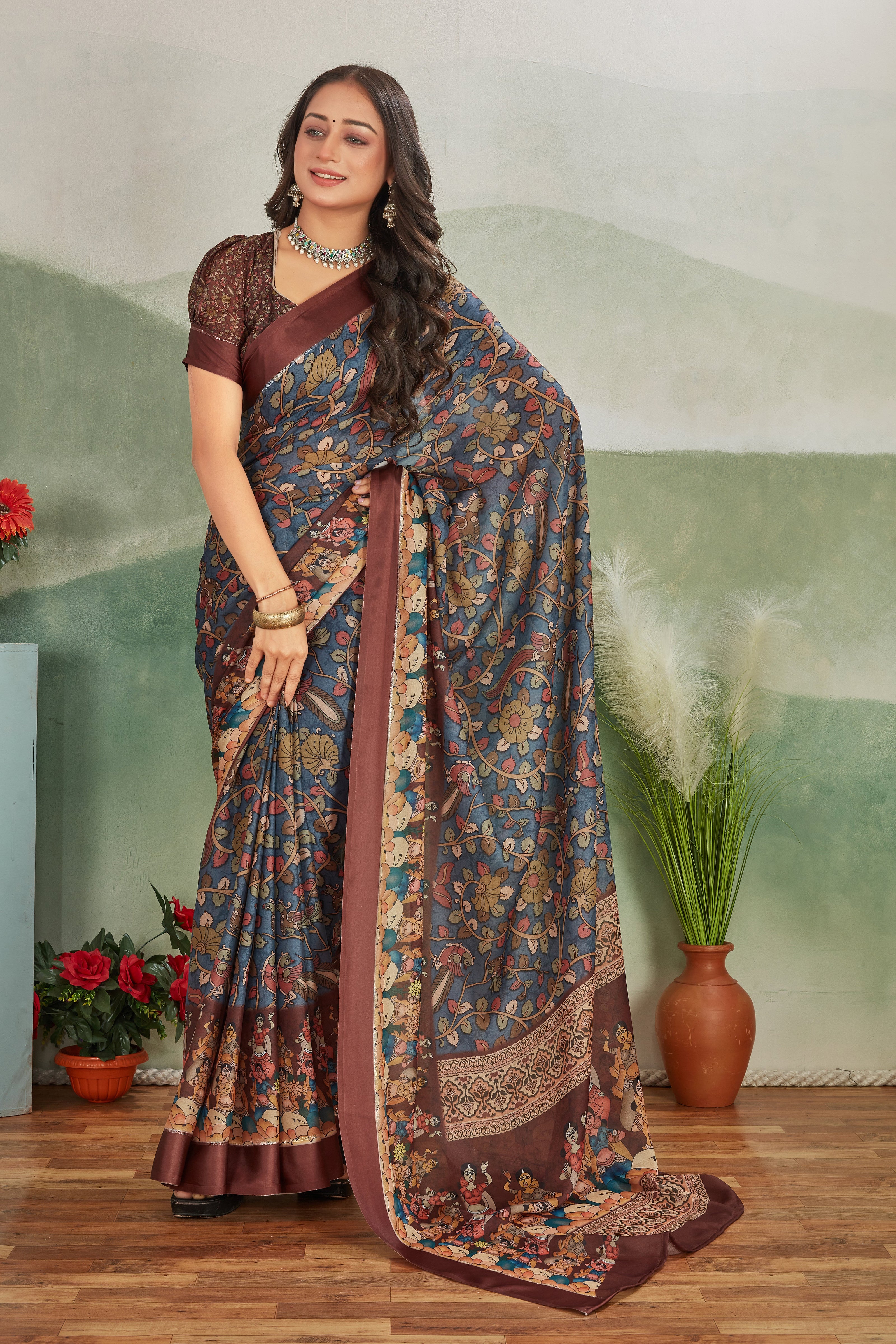 Grey Floral Printed Satin Saree