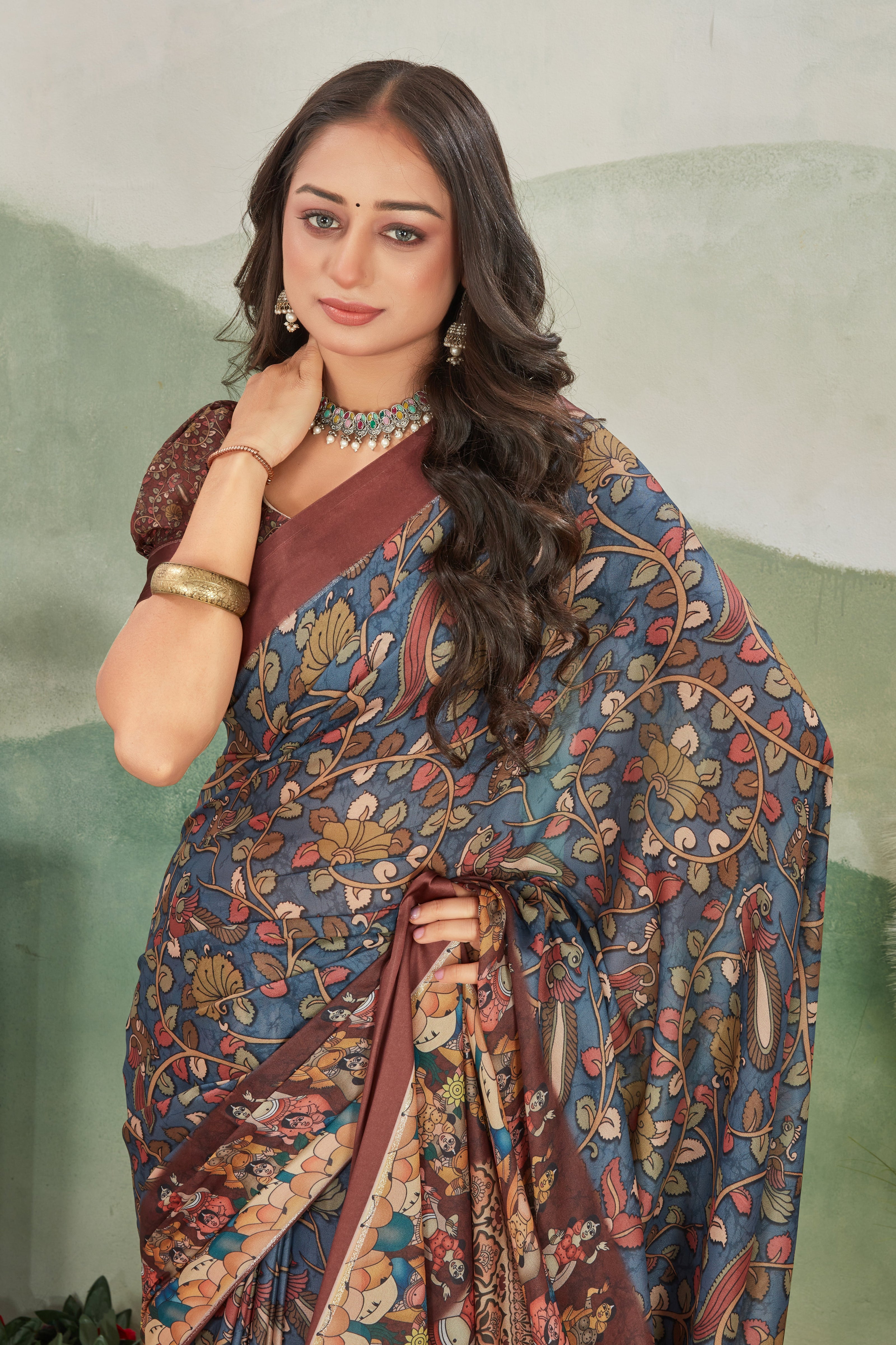 Grey Floral Printed Satin Saree