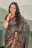 Grey Floral Printed Satin Saree