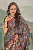 Grey Floral Printed Satin Saree