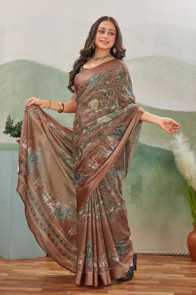 Elegant Brown Saree Luxurious Digital Print With A Regal Touch