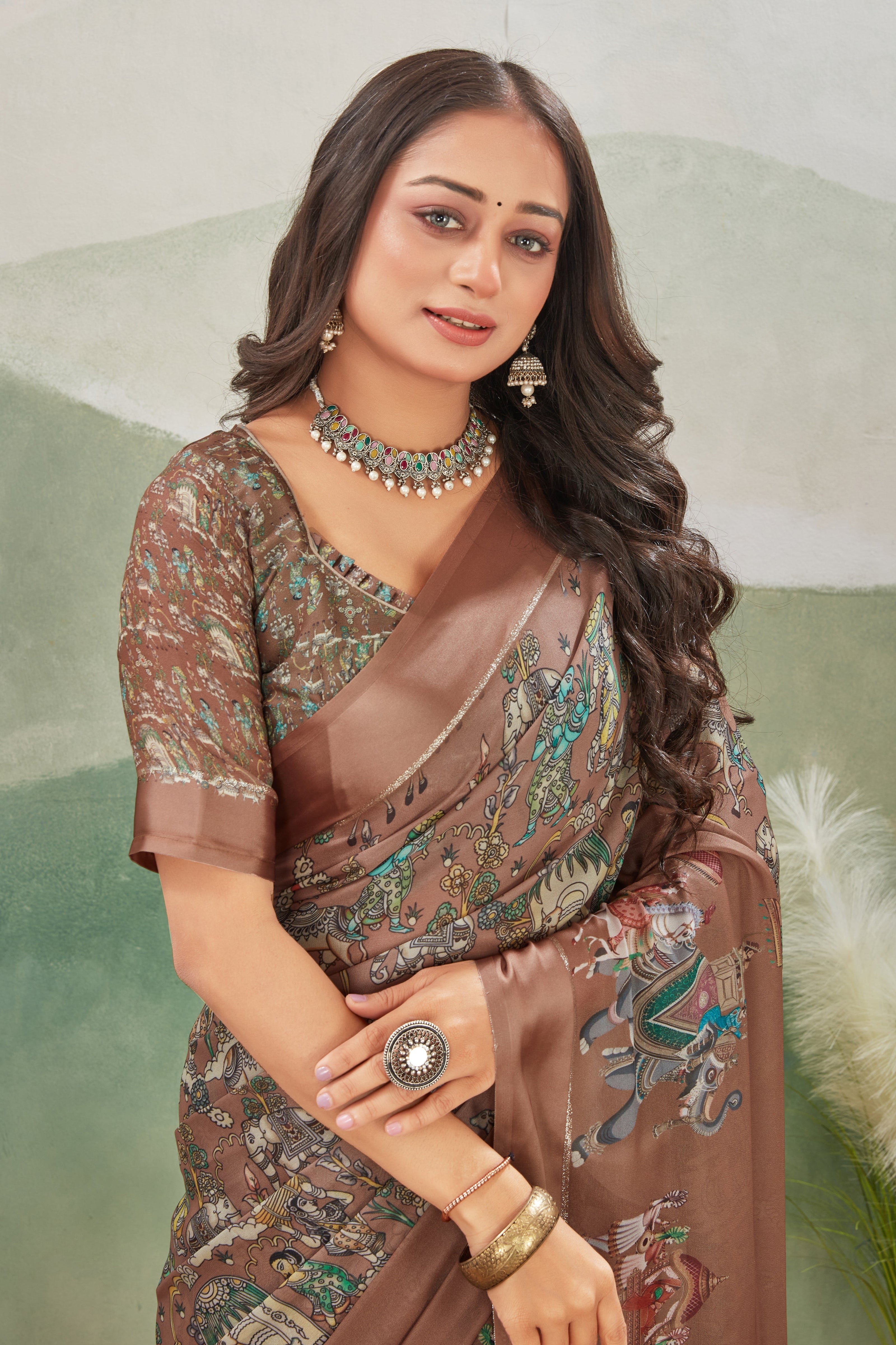 Elegant Brown Saree Luxurious Digital Print With A Regal Touch