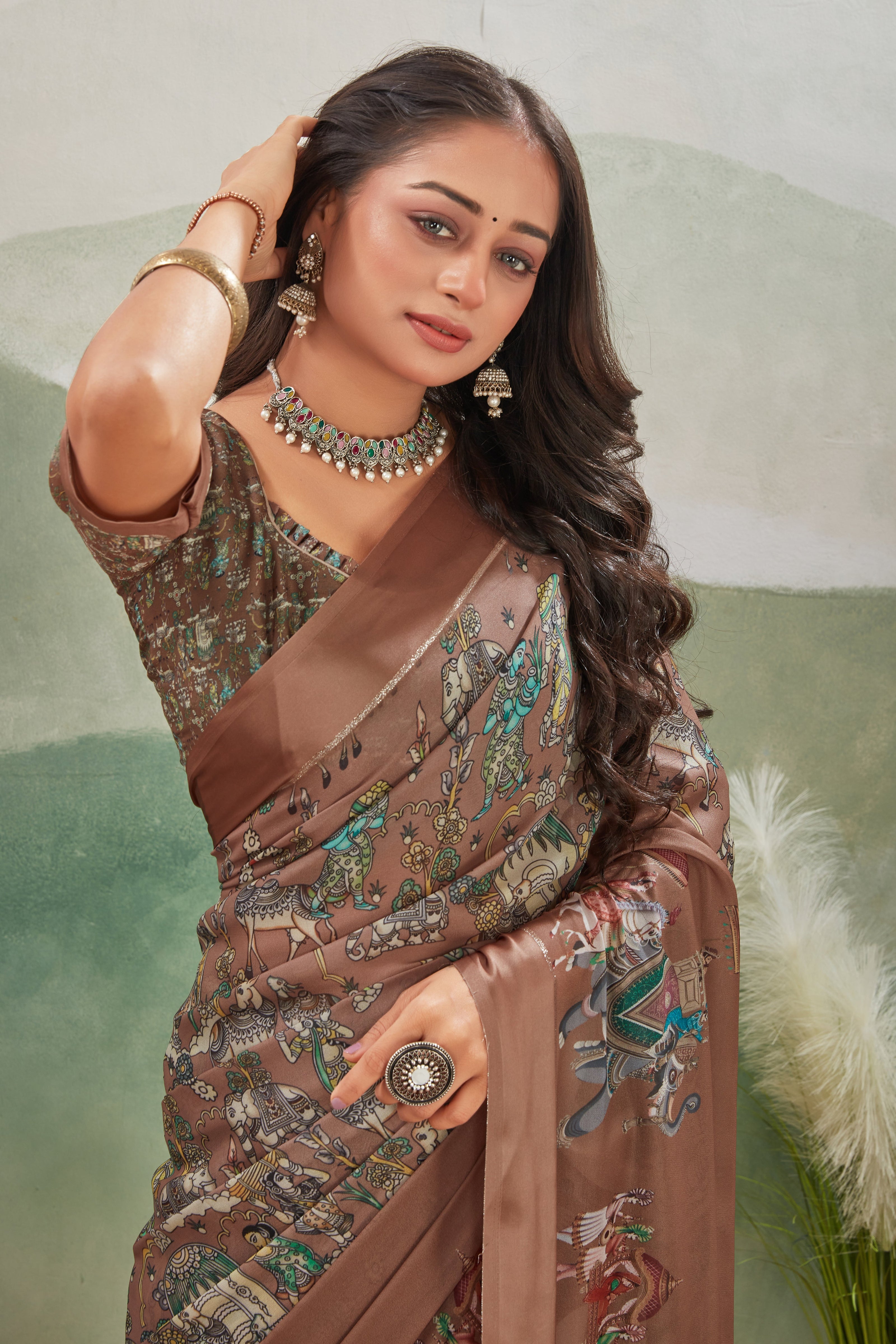 Elegant Brown Saree Luxurious Digital Print With A Regal Touch