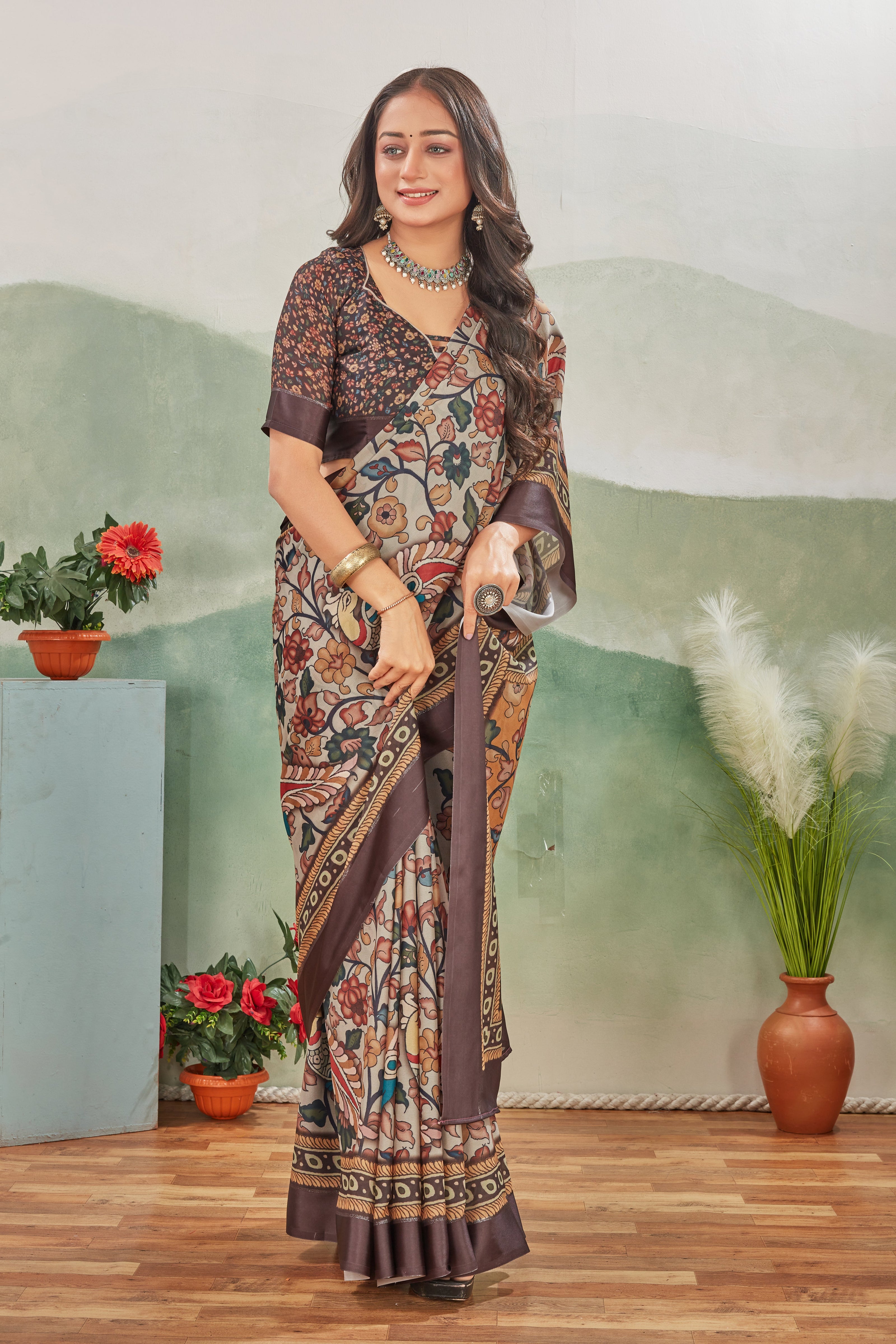 Light Brown Gujarati Style Satin Drape Classic Grace Saree