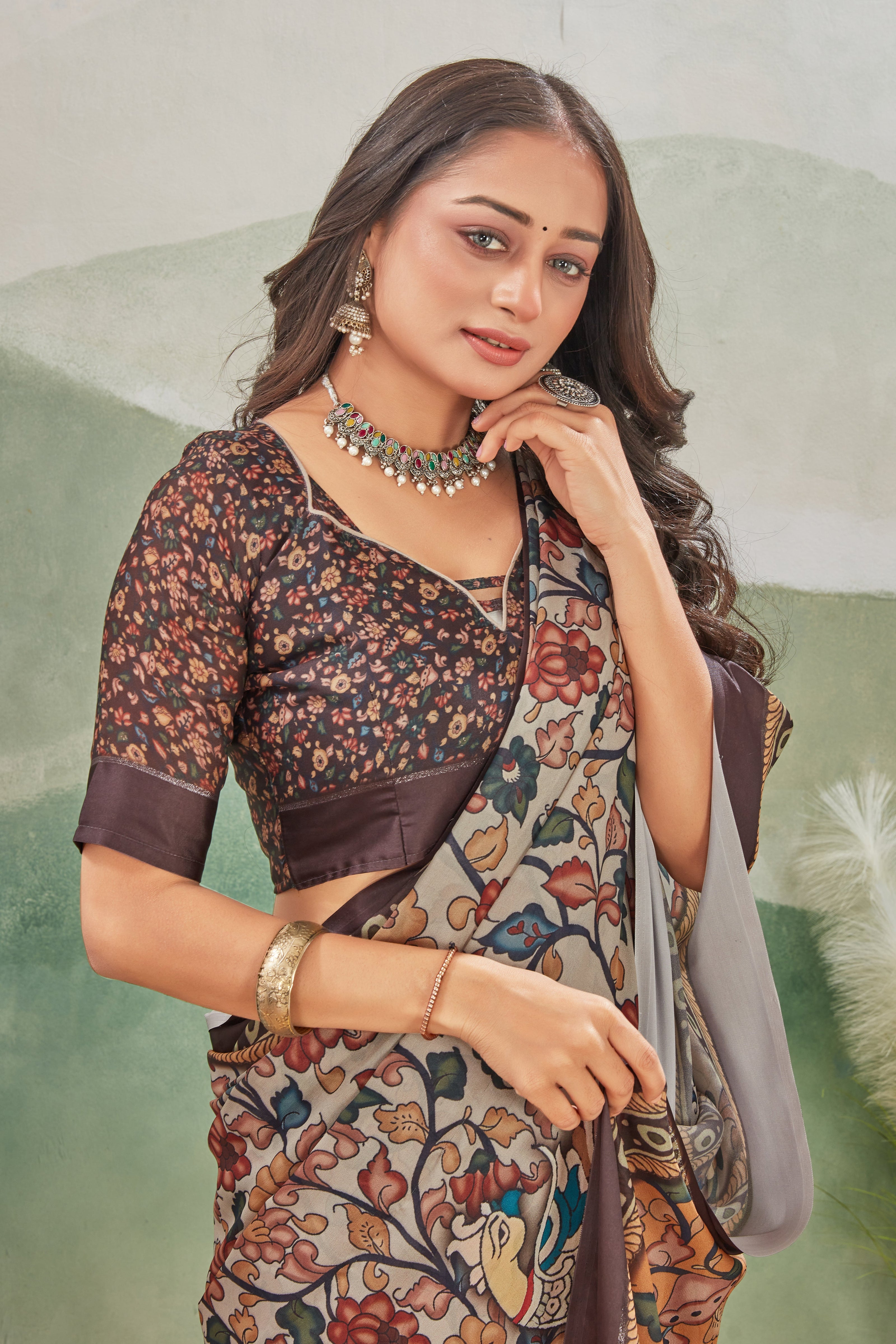 Light Brown Gujarati Style Satin Drape Classic Grace Saree