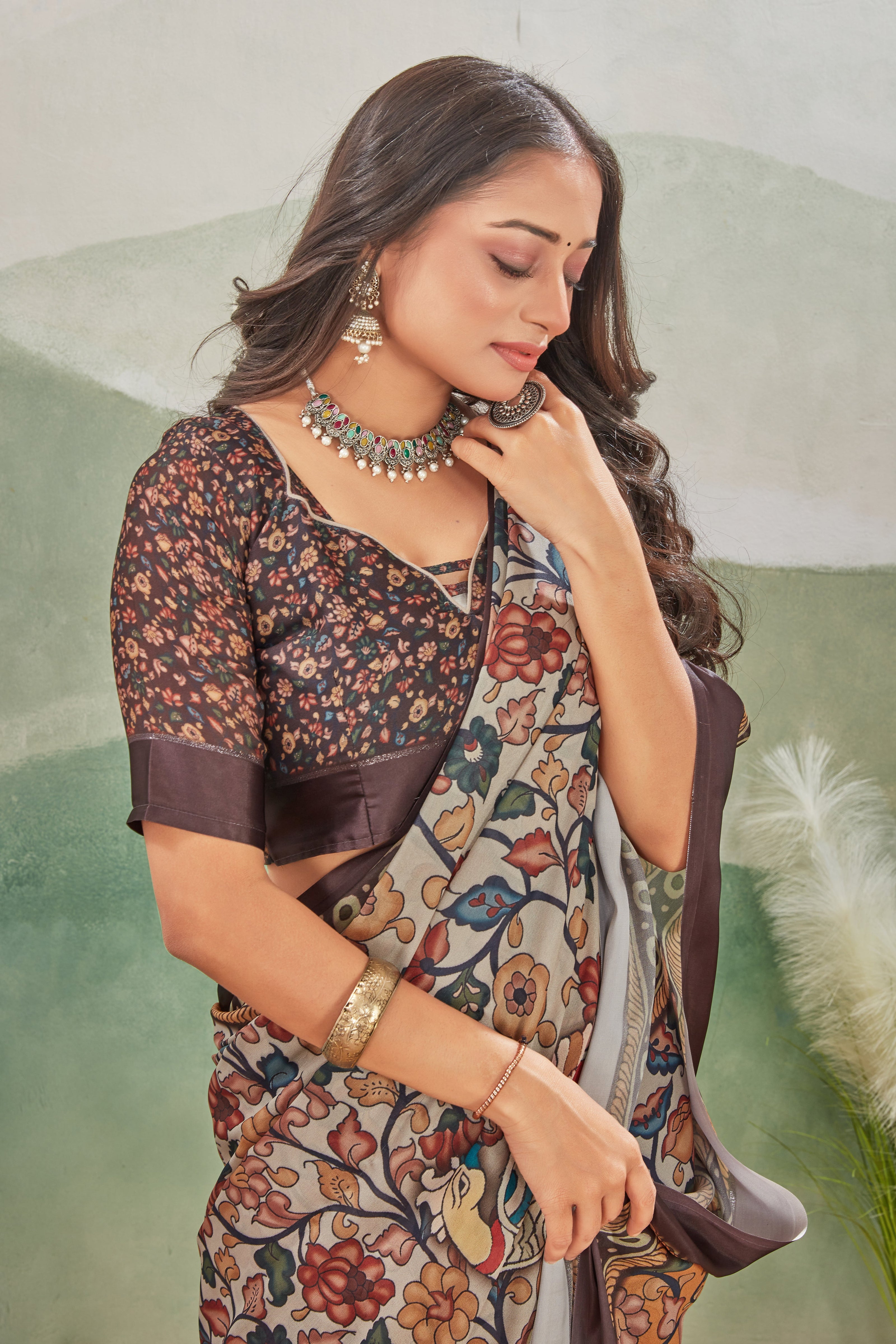 Light Brown Gujarati Style Satin Drape Classic Grace Saree