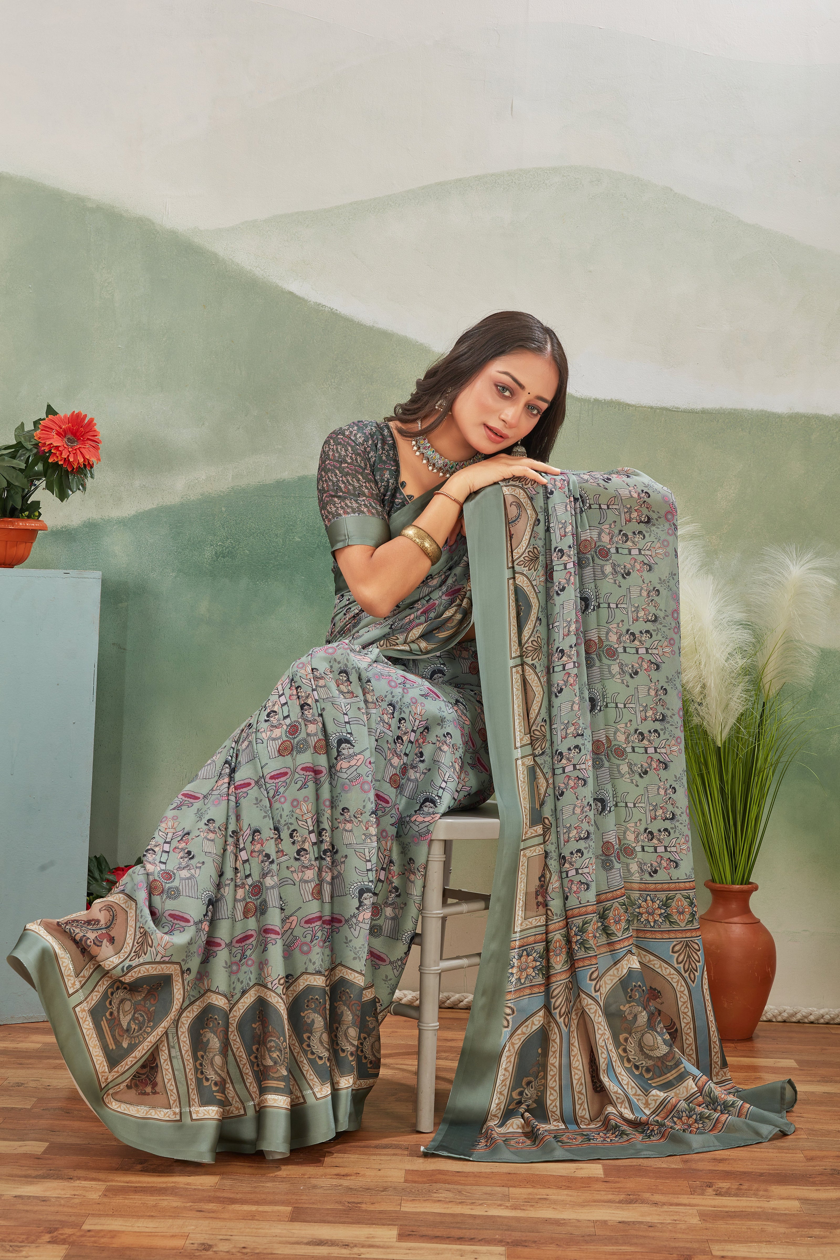 Pure Viscose Satin Non Padded Grey Saree