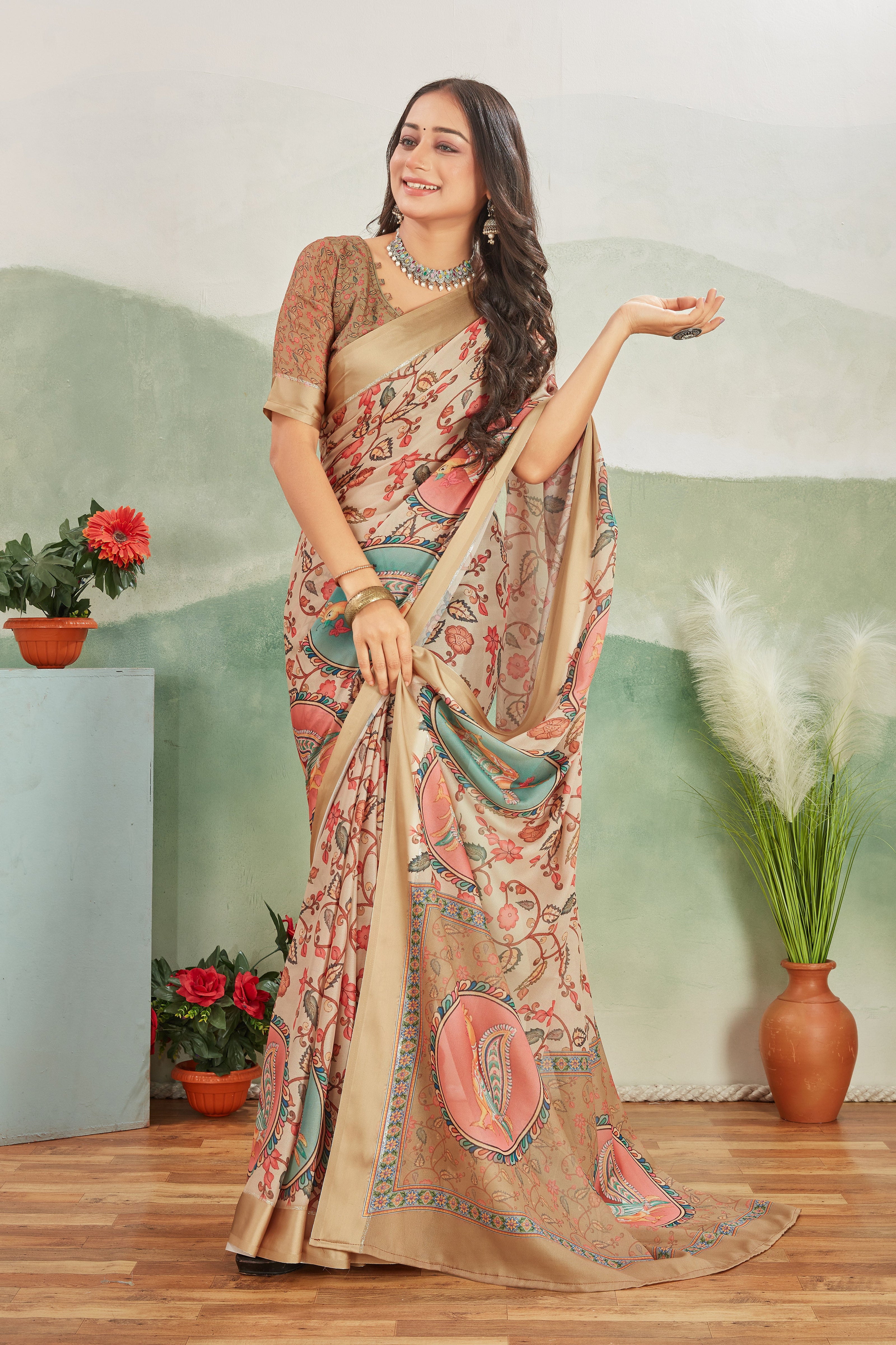 Abstract Digital Printed Beige Saree