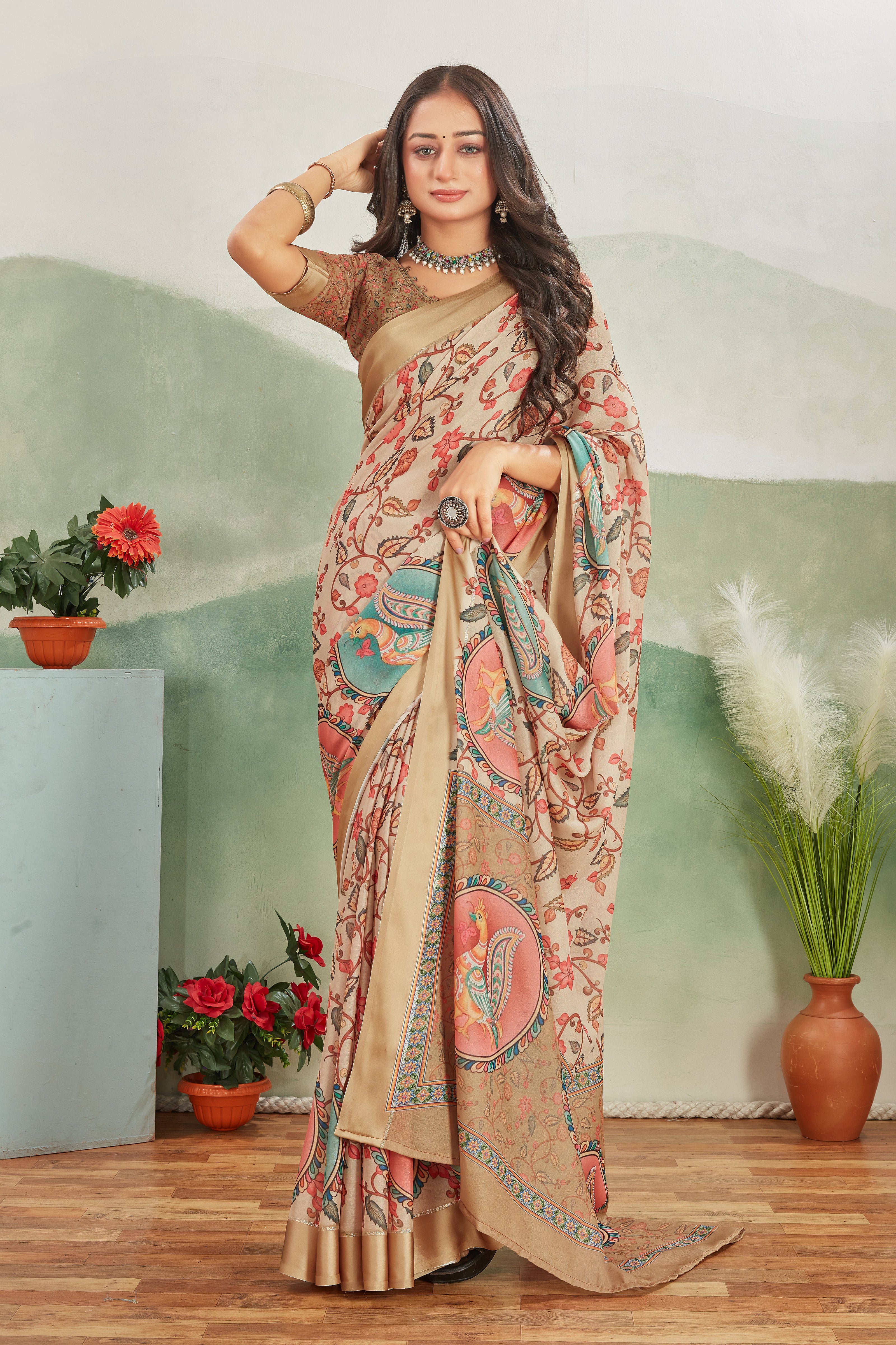 Abstract Digital Printed Beige Saree