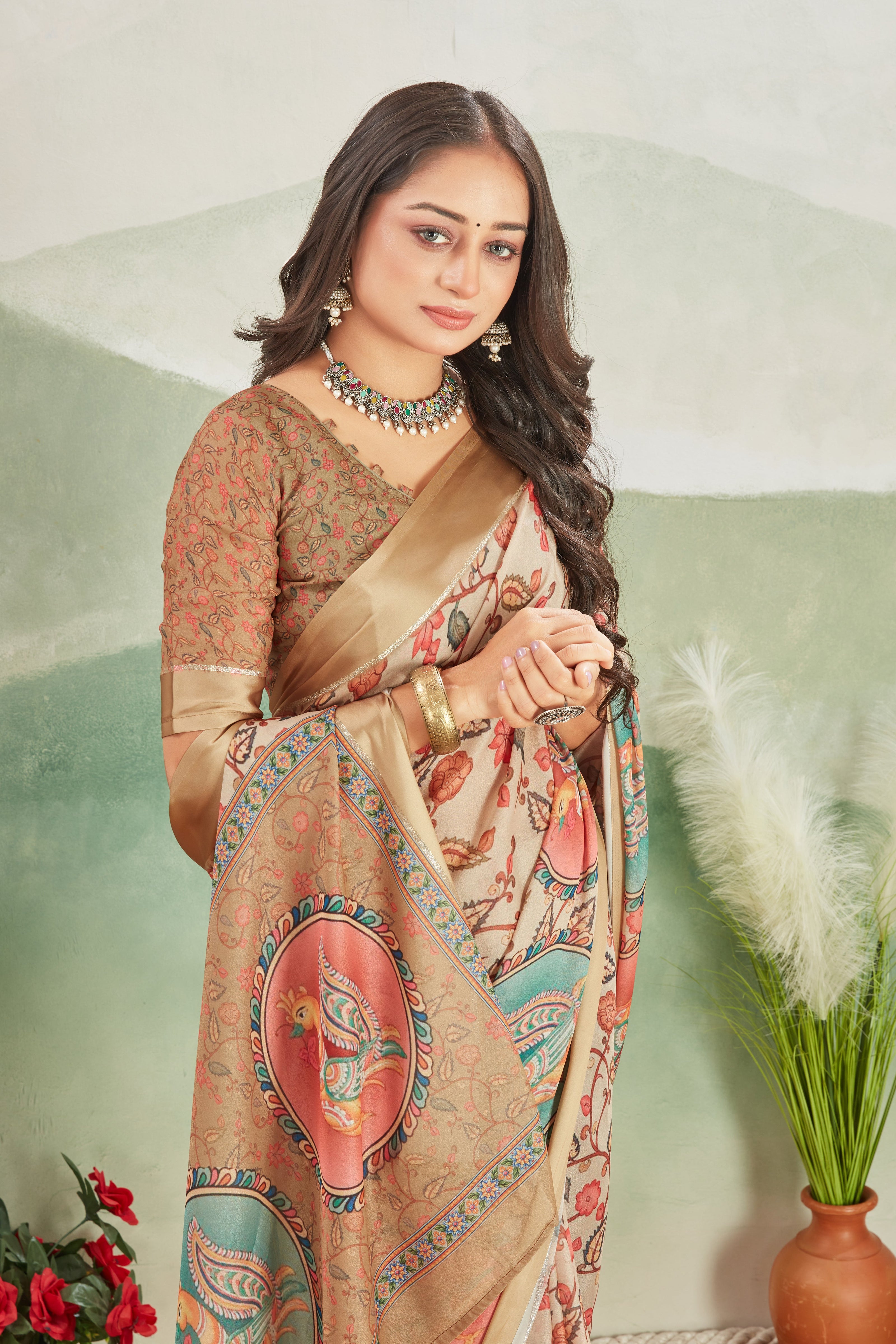 Abstract Digital Printed Beige Saree