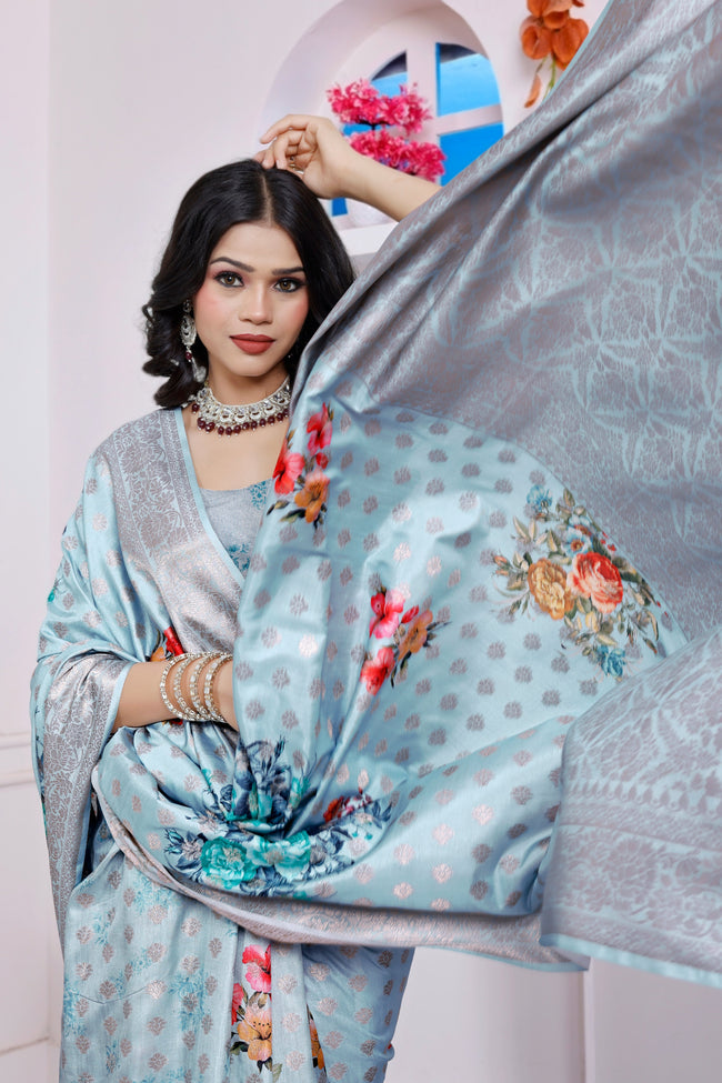 Stunning Sky Blue Shade Floral Print Viscose Saree