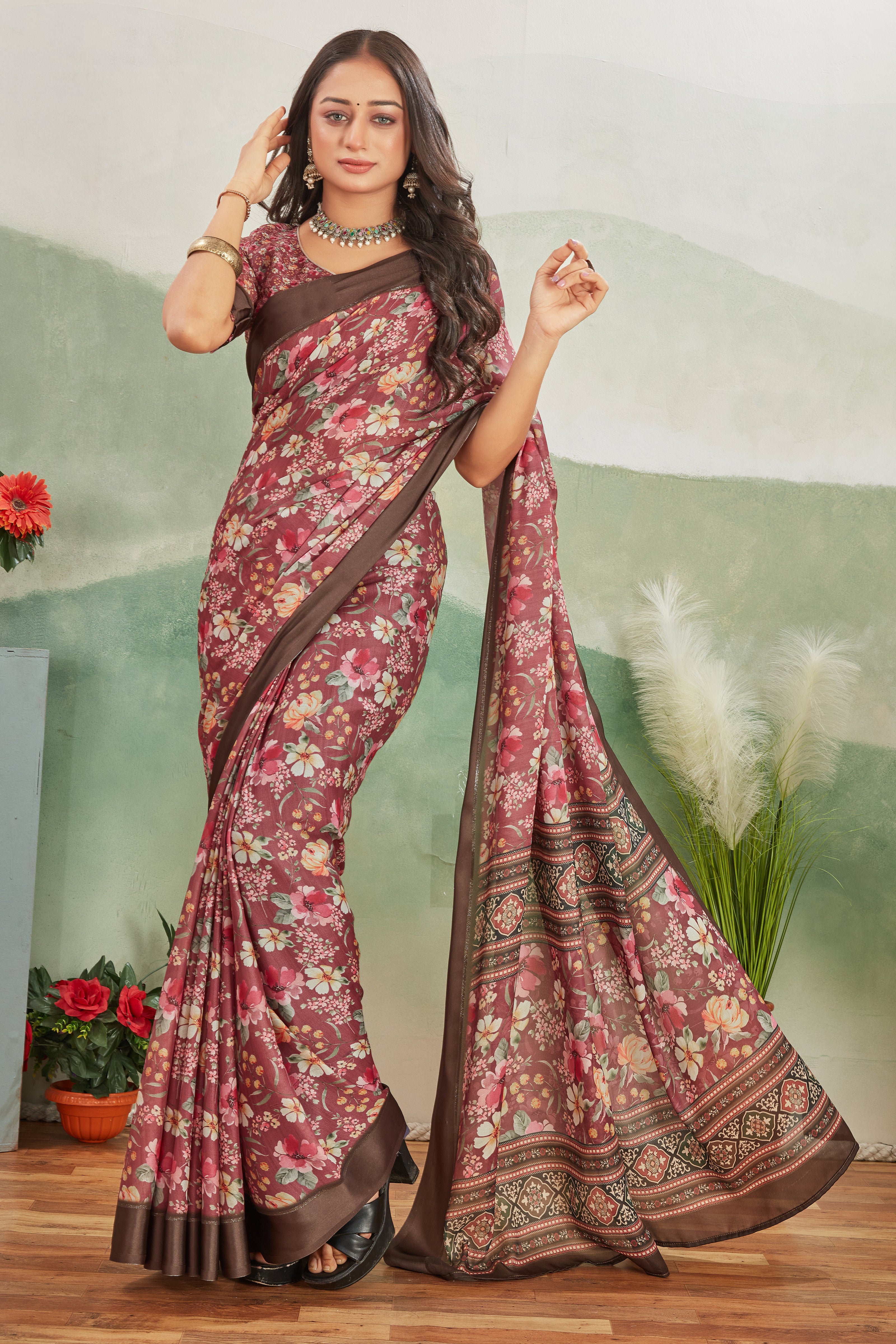 Maroon Pure Floral Digital Print A Fusion Of Tradition And Modern Art Saree