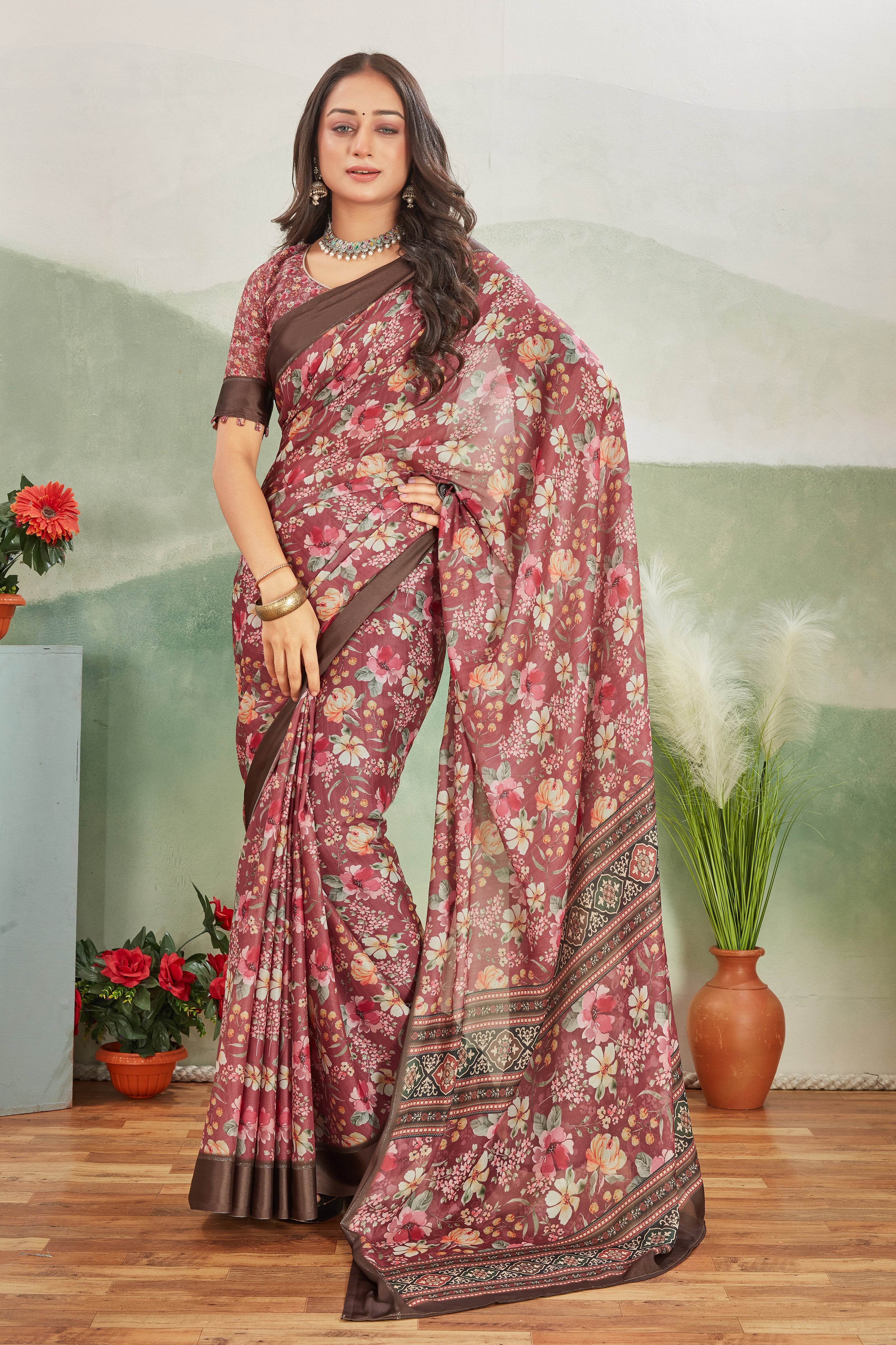 Maroon Pure Floral Digital Print A Fusion Of Tradition And Modern Art Saree