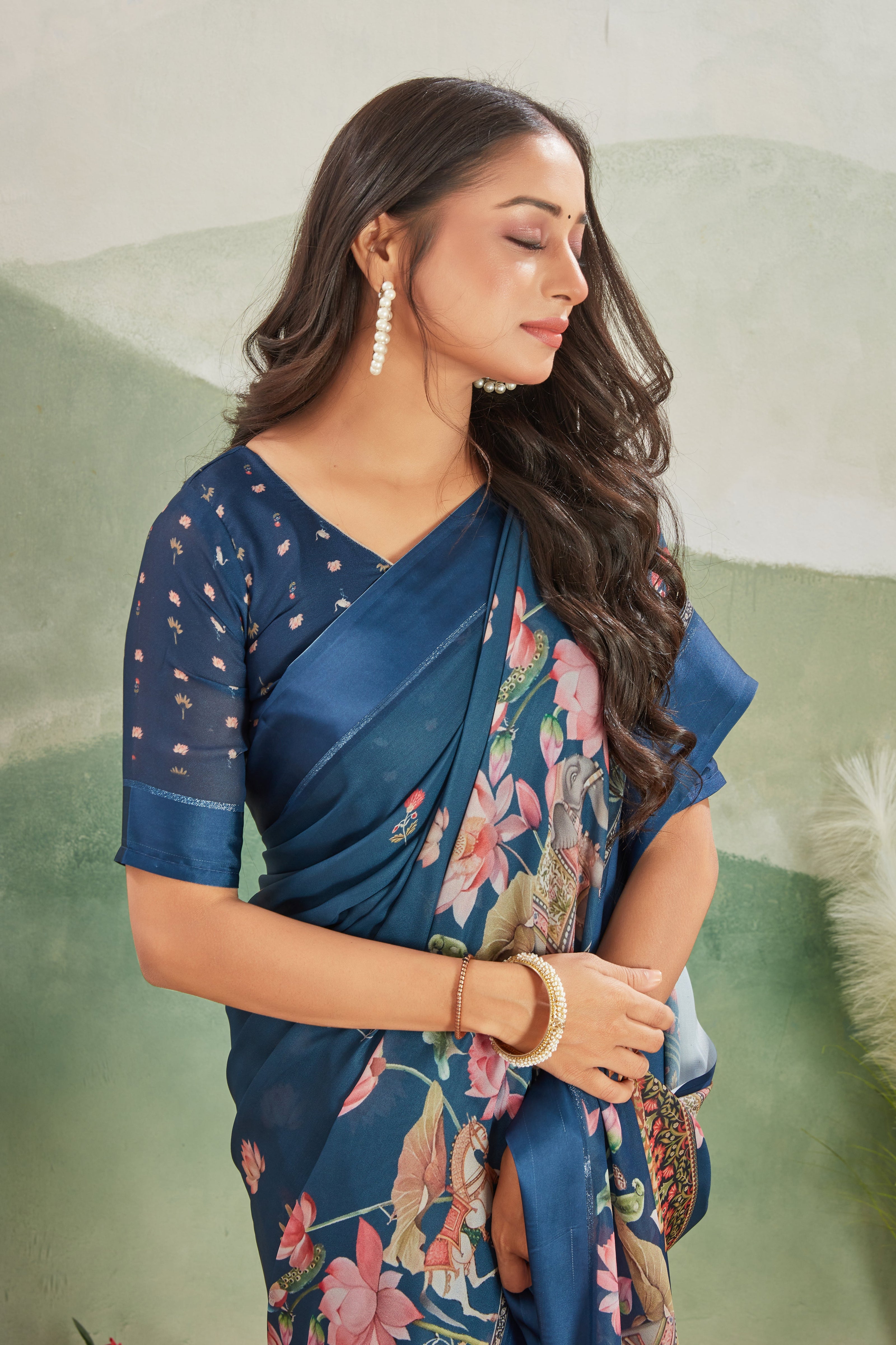 Navy Blue Latest Collection Of Digital Print Saree Perfect For All Occasions
