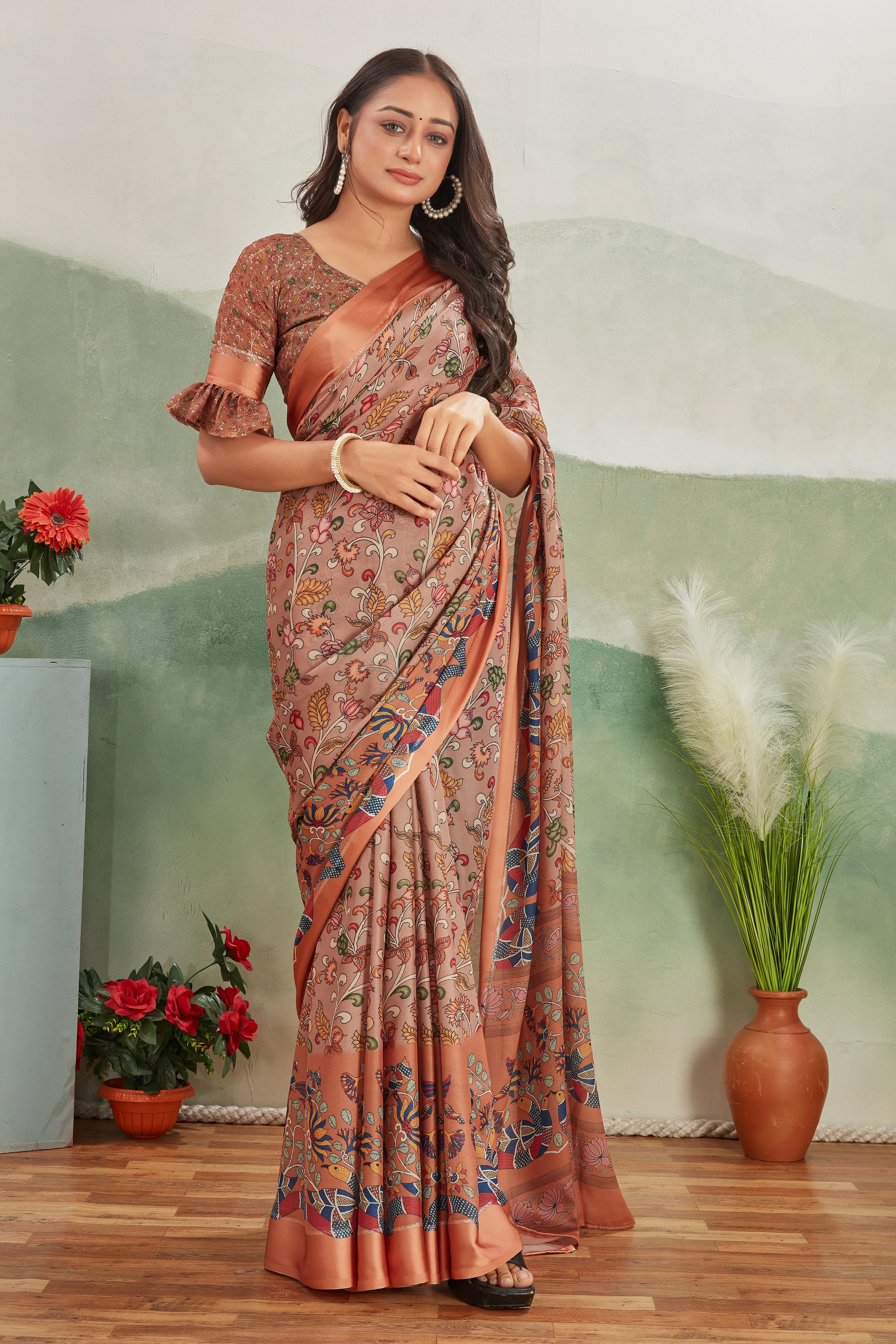 Abundant Brown Printed Satin Office Wear Saree With Blouse