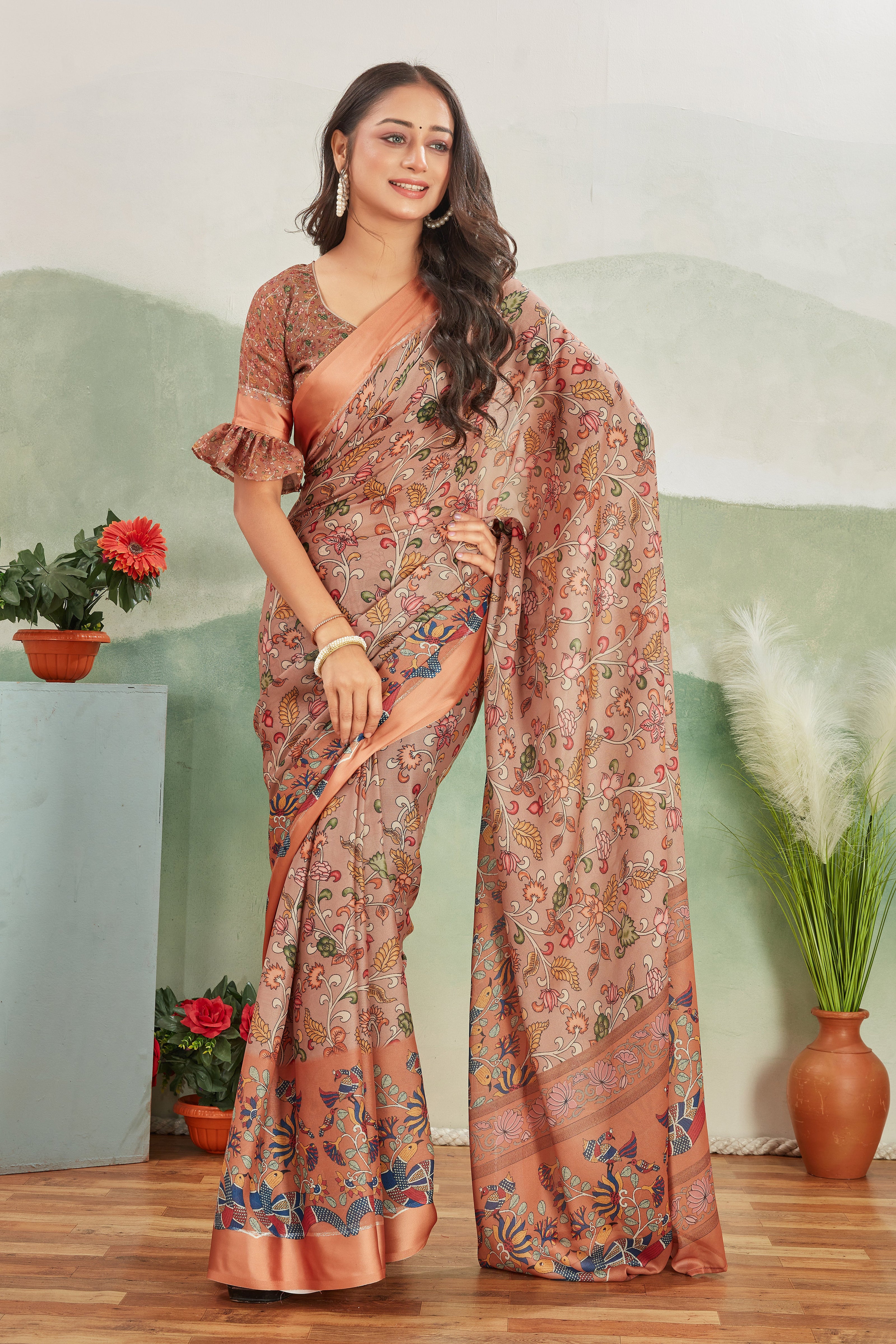 Abundant Brown Printed Satin Office Wear Saree With Blouse