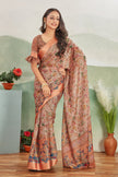 Abundant Brown Printed Satin Office Wear Saree With Blouse