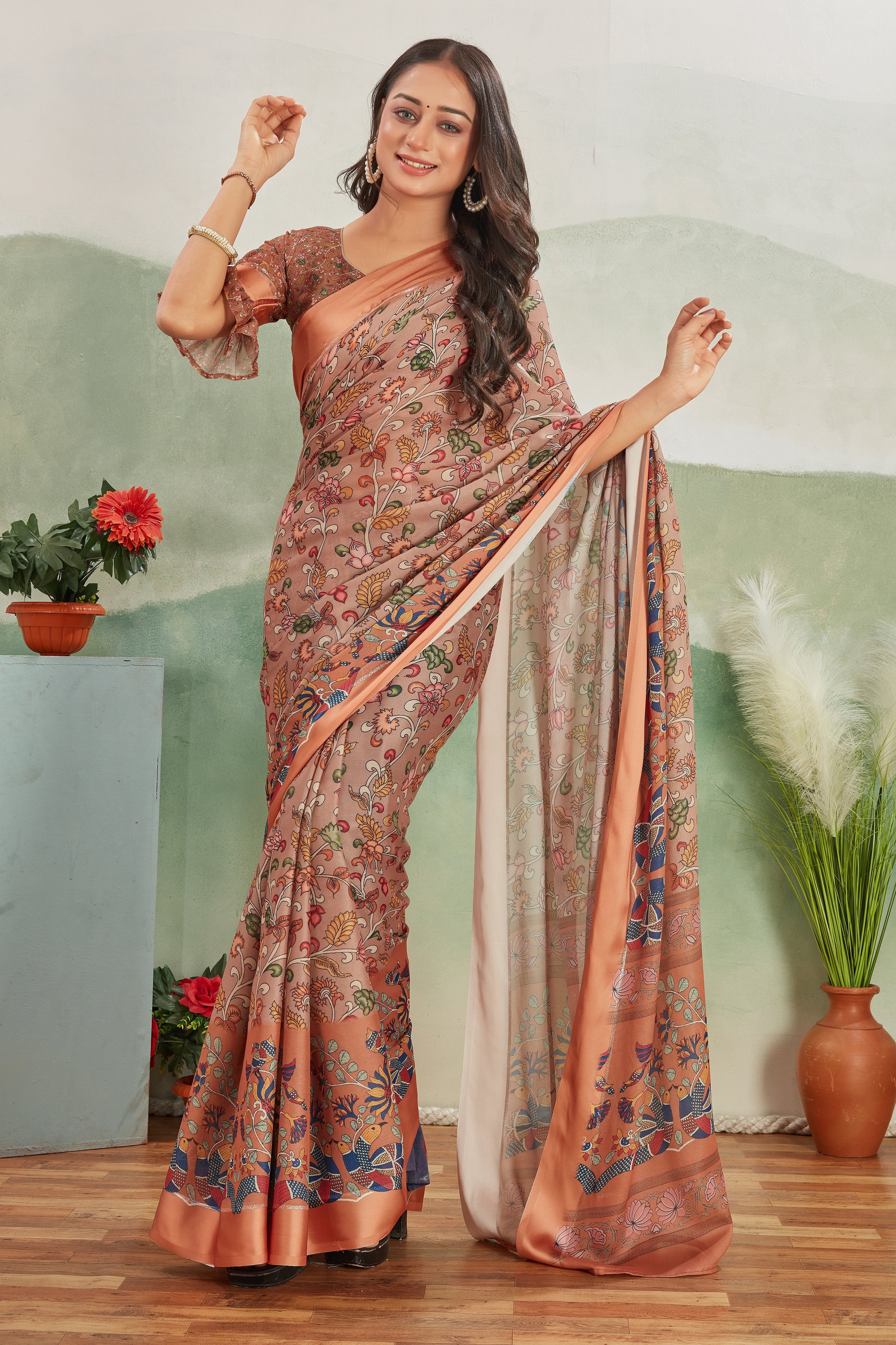 Abundant Brown Printed Satin Office Wear Saree With Blouse