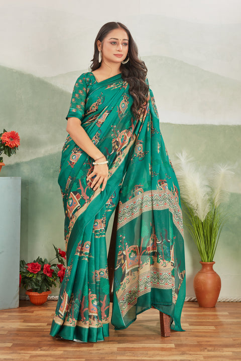 Digital Print Teal Saree A Perfect Blend Of Modern Art And Timeless Grace