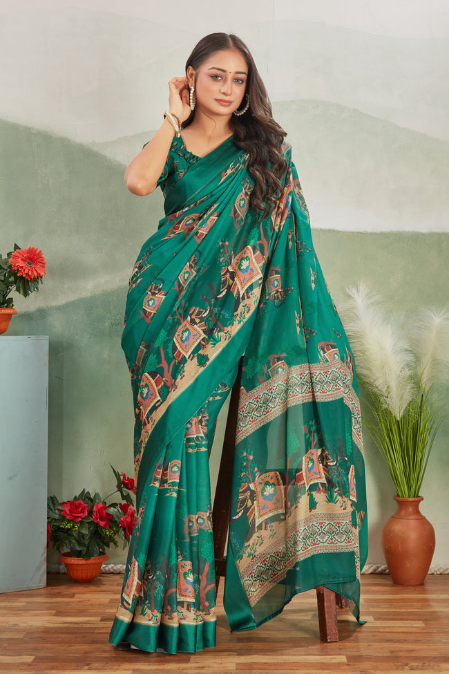 Digital Print Teal Saree A Perfect Blend Of Modern Art And Timeless Grace
