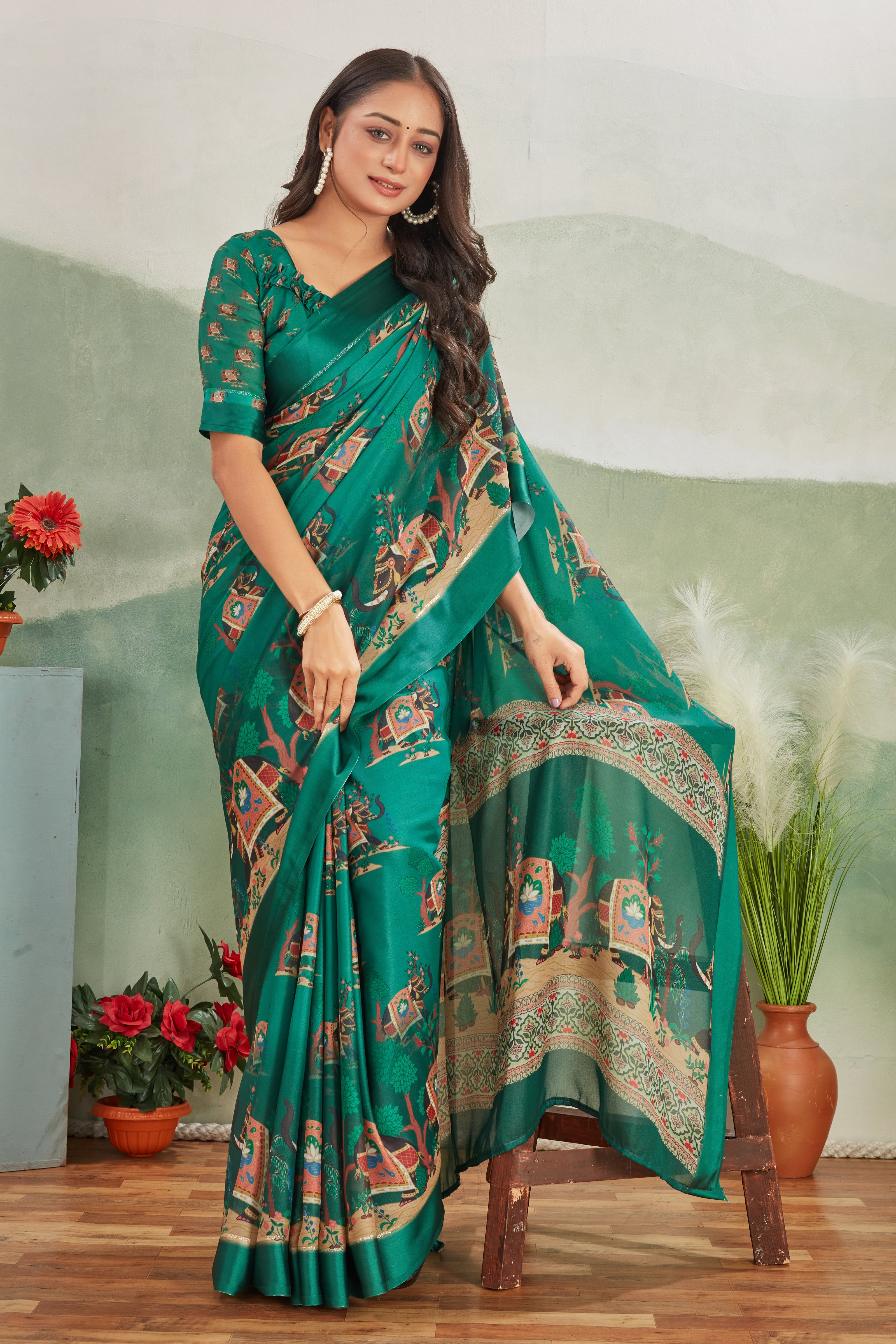 Digital Print Teal Saree A Perfect Blend Of Modern Art And Timeless Grace