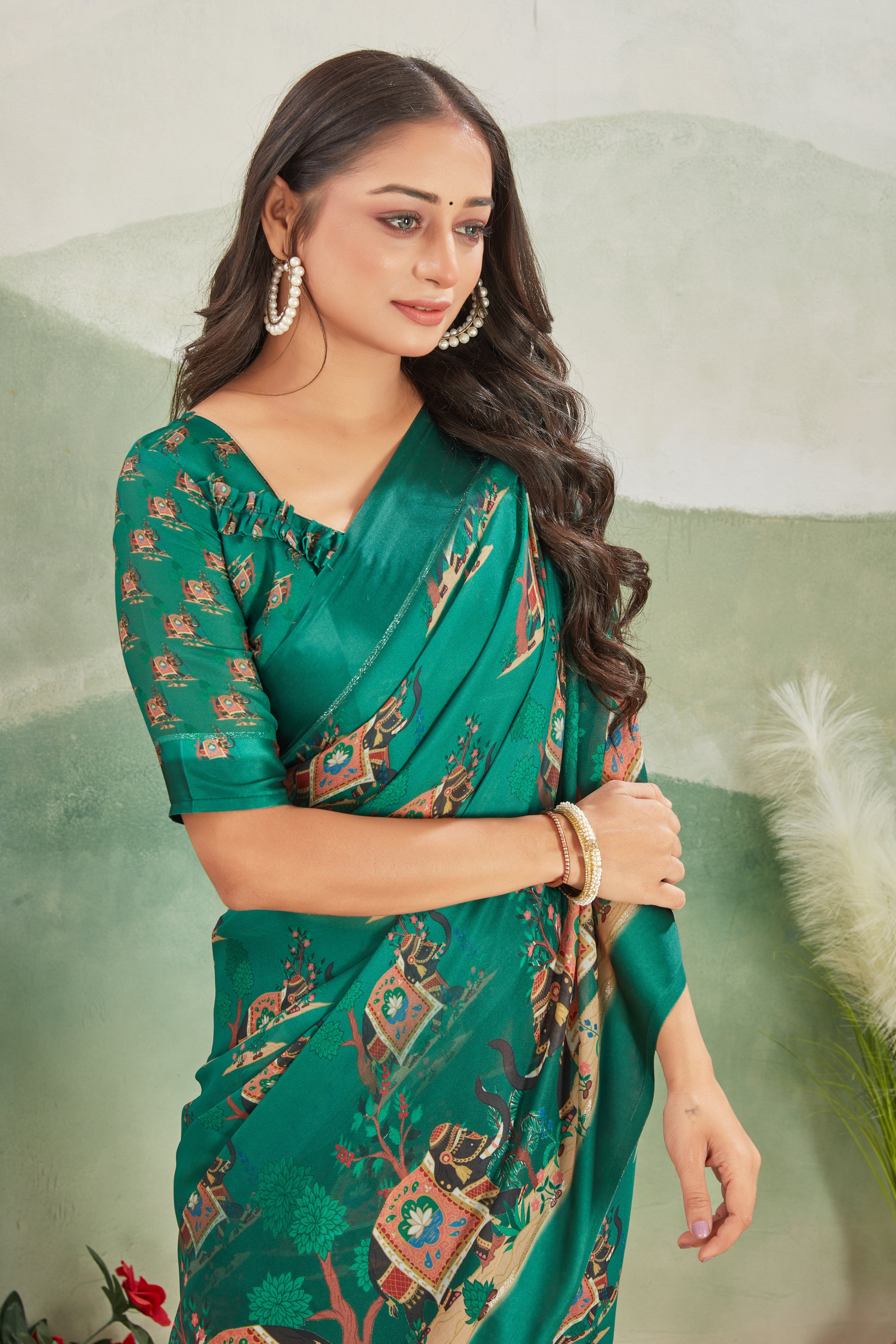 Digital Print Teal Saree A Perfect Blend Of Modern Art And Timeless Grace