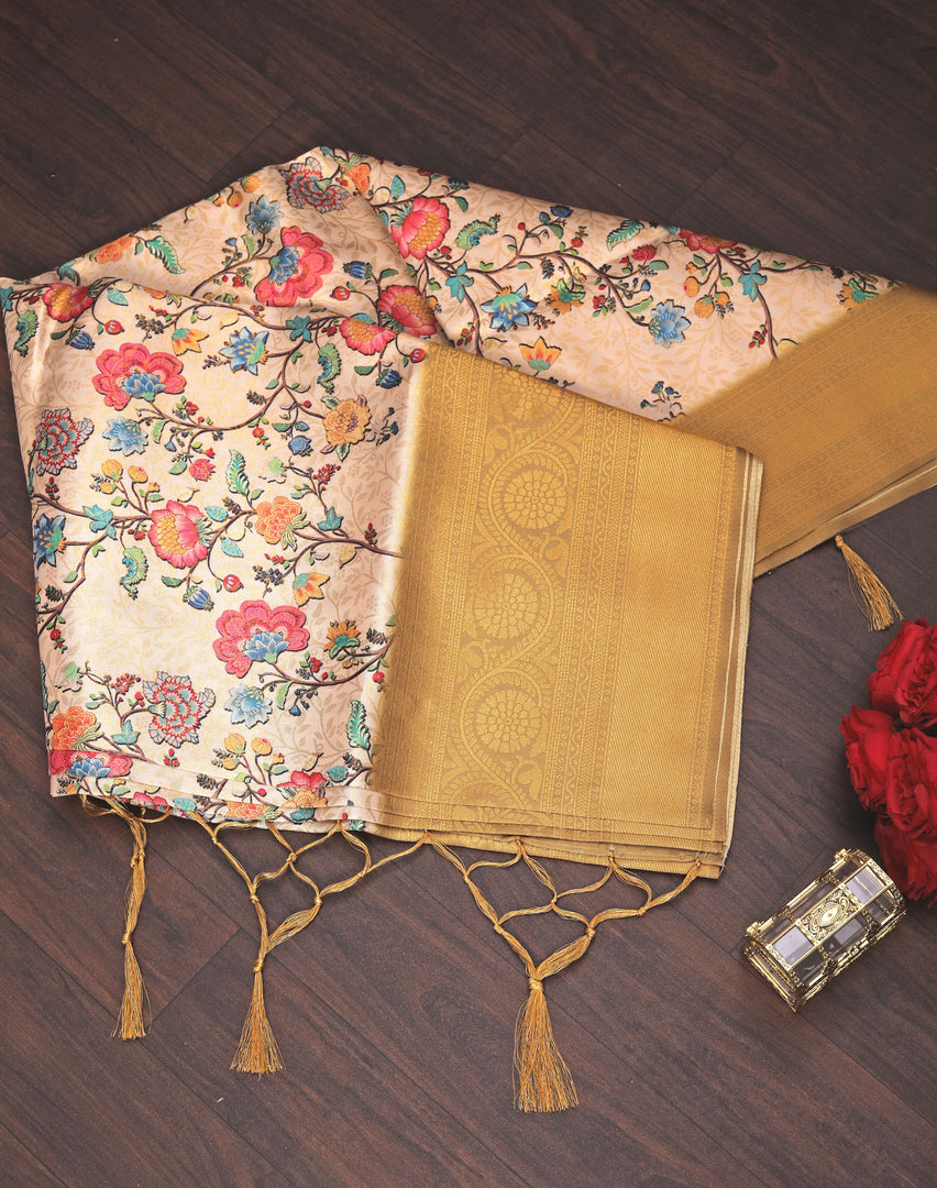 Experience the legacy of the soft silk saree with floral print