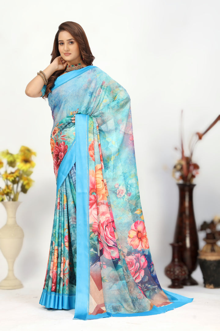 Elegance Redefined The Georgette Silk Cyan Saree