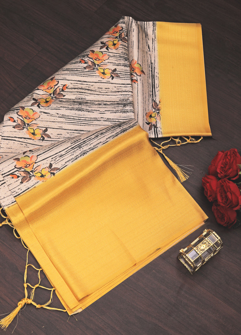 A touch of silk a world of elegance with Softy Silk all over zari work Saree