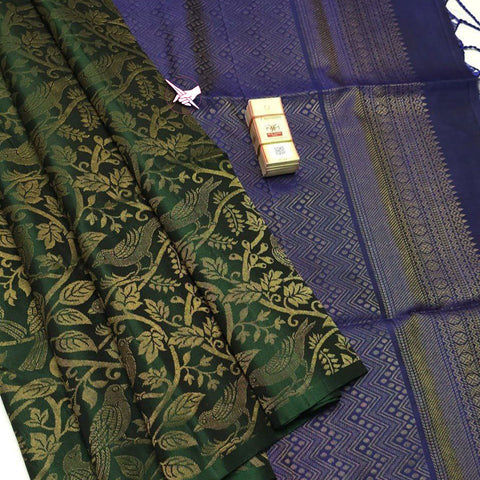 Artistic Dark Green Kanchipuram Silk Saree With Temple Weaving Touch