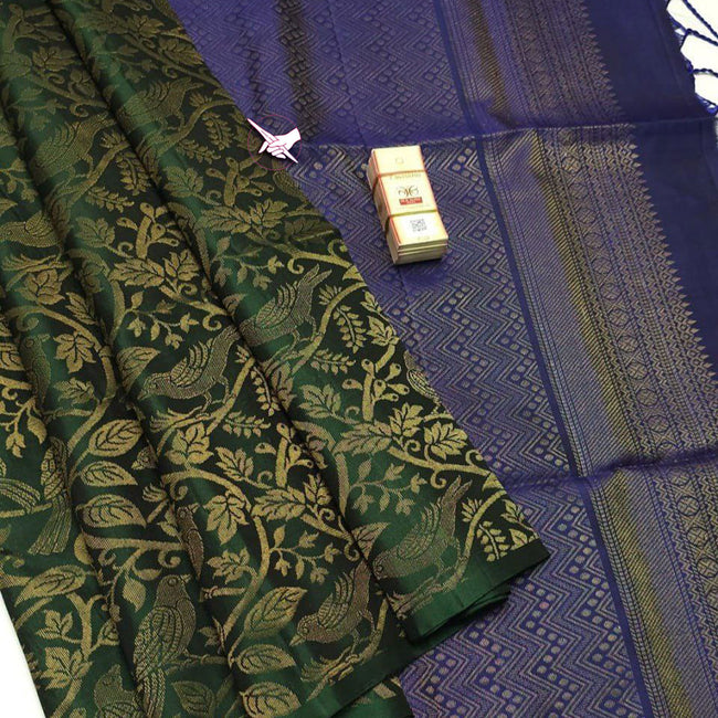 Artistic Dark Green Kanchipuram Silk Saree With Temple Weaving Touch