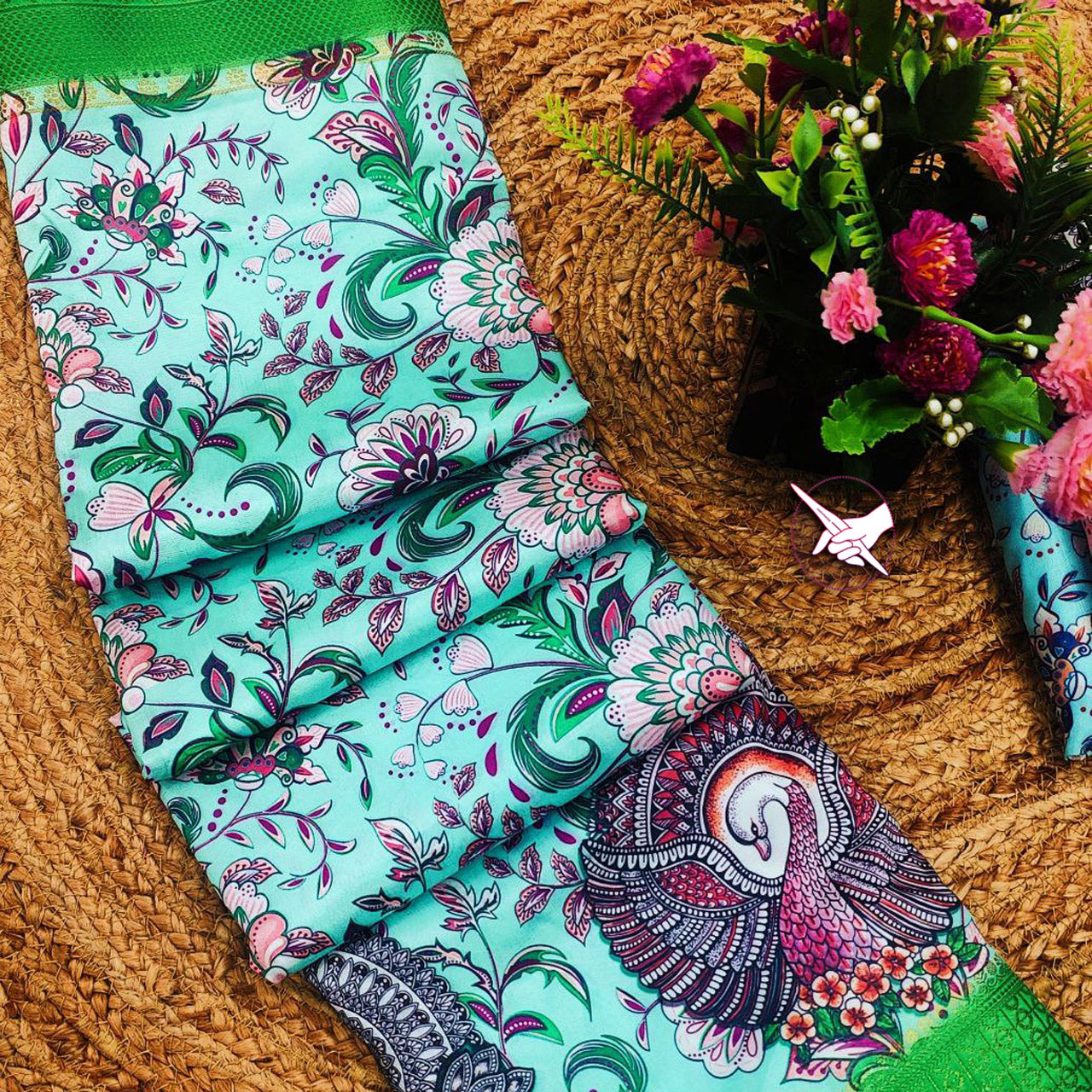 Sea Green Color Nylon Digital Printed Beautiful Saree
