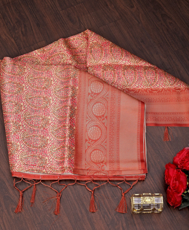 Premium Pure Kanchi Silk Saree Digital Print And Traditional Craft