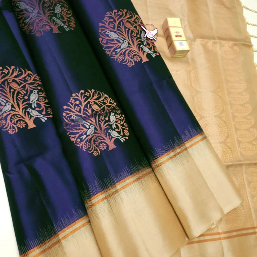 Weave Tales Navy Blue Artistic Lichi Silk Saree