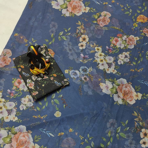 Georgette Fabric Digital Floral Print Saree In Blue Color