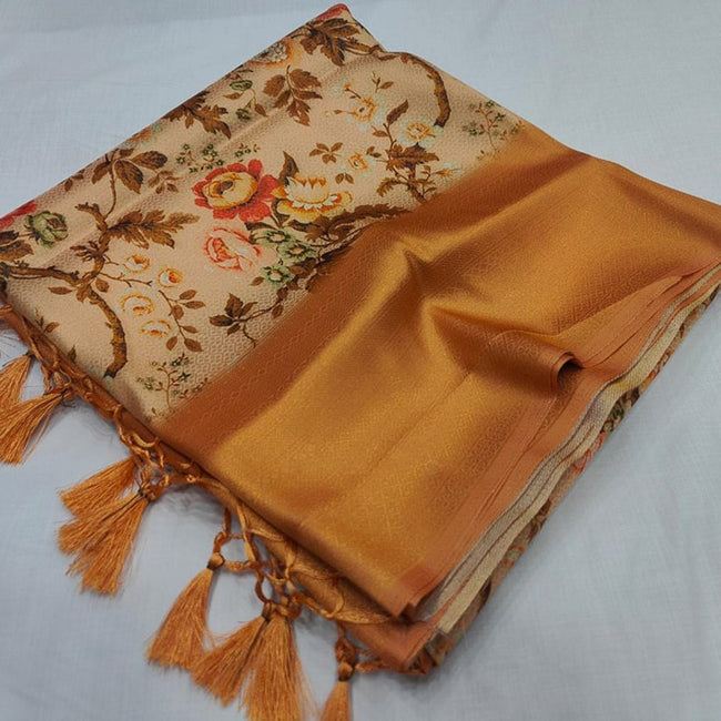 Stylish Golden Soft Silk Saree With Digital Prints