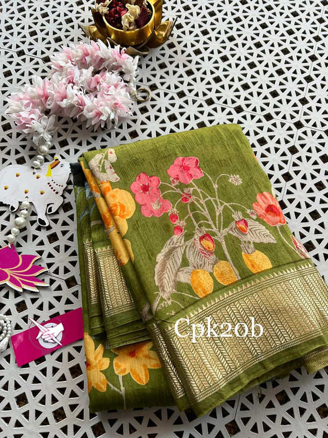 Artisan Green Tussar Silk Saree Traditional Handloom With Digital Motif And Zari Touch