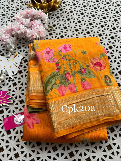 Royal Orange And Yellow Soft Silk Tussar Saree Handloom Crafted With Zari And Digital Work