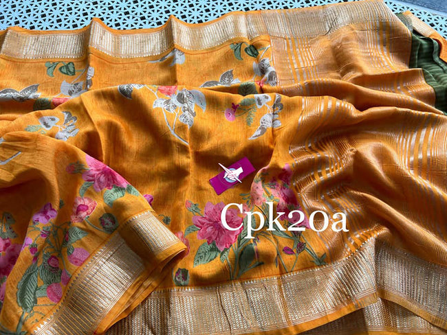 Royal Orange And Yellow Soft Silk Tussar Saree Handloom Crafted With Zari And Digital Work