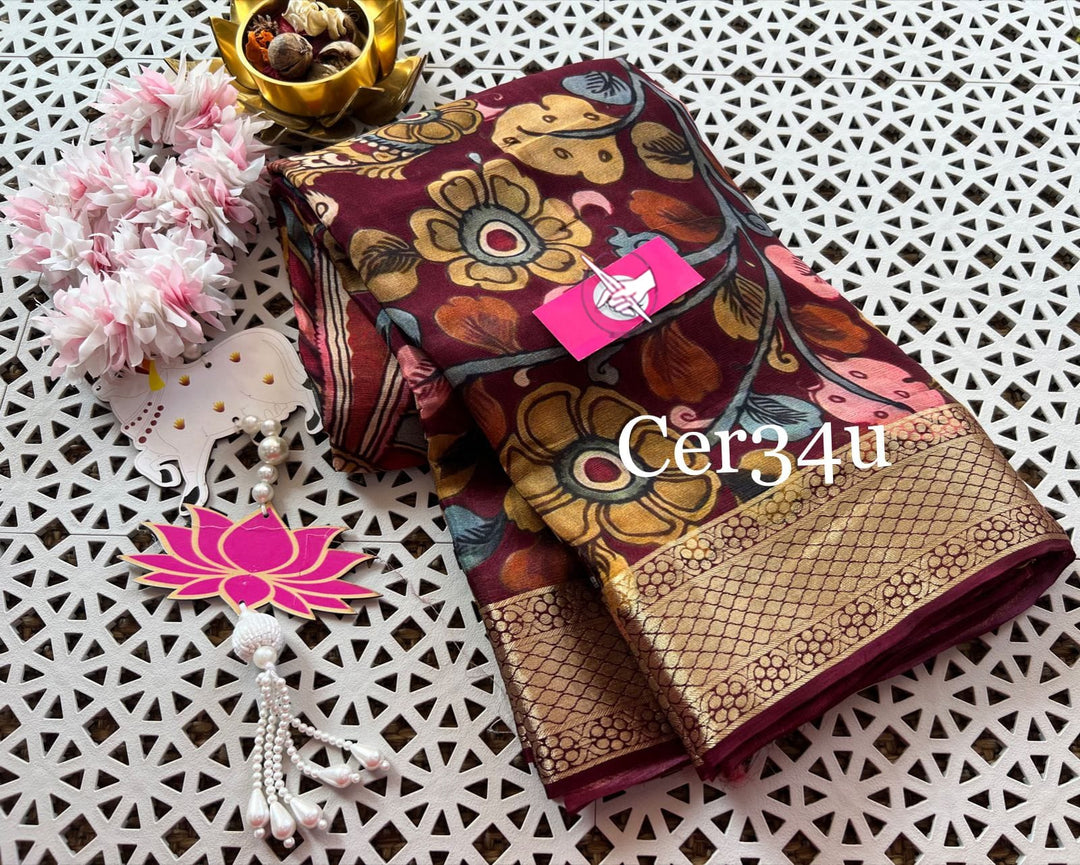 Crafted from the finest quality fabric, this Kalamkari saree.