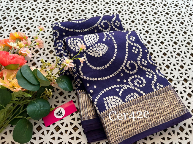 Glamorous Blue Tusser Soft silk Bandhani Digital Printed Saree